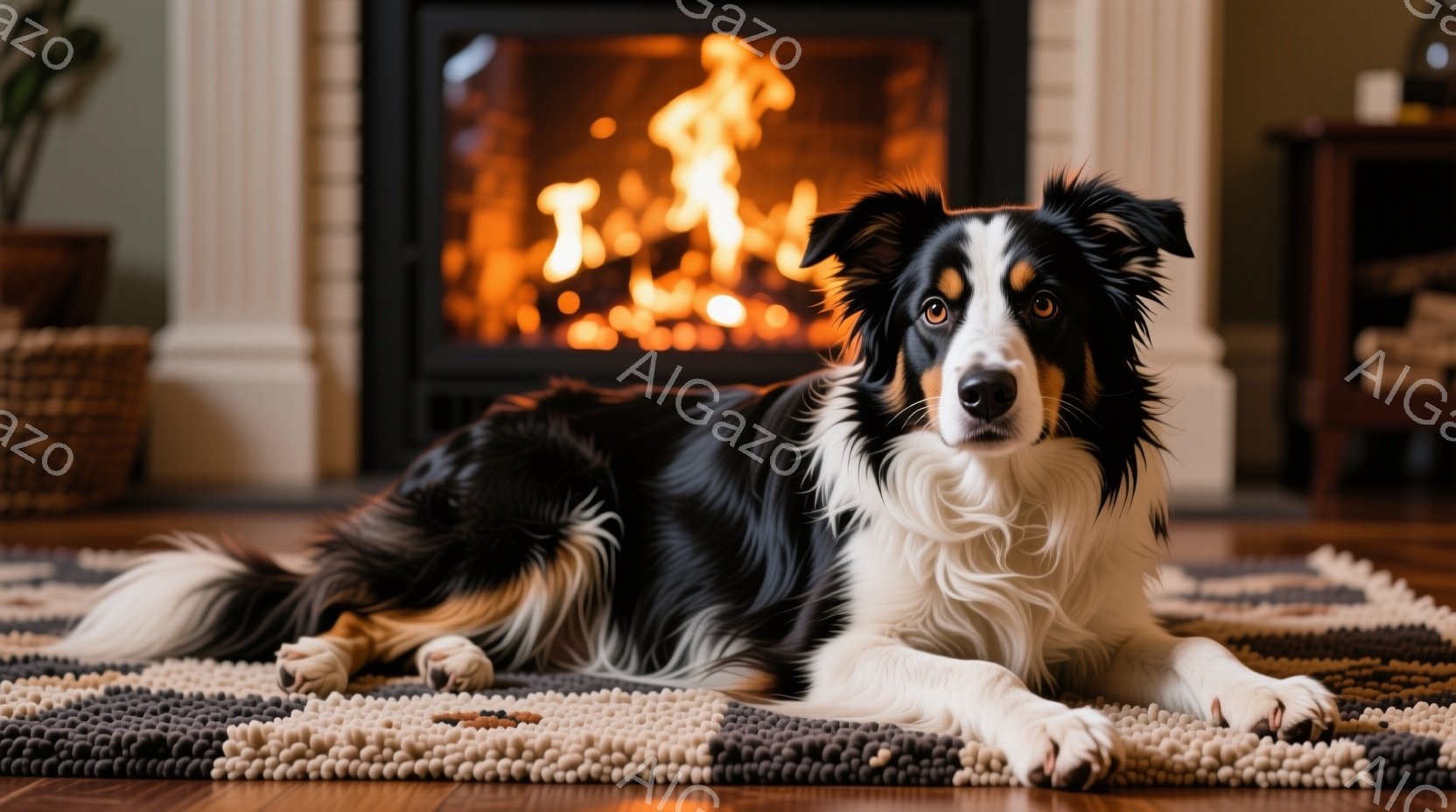 白と黒の毛並みのボーダーコリーが、手織りのようなラグの上に横たわっています。その表情は穏やかで、茶色の瞳がカメラを見つめています。背景には暖炉があり、炎が燃え盛っている様子が、部屋全体を温かく照らして - AI生成フリー素材