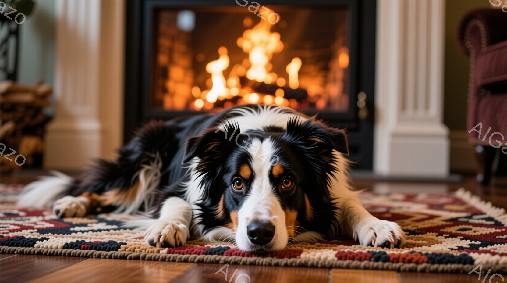 あたたかい暖炉の前で、白と黒のボーダーコリーがカーペットの上で横になっています。犬はリラックスした表情で、カメラをまっすぐ見つめており、穏やかな雰囲気を醸し出しています。背景にはレンガ造りの暖炉と、わ - AI生成フリー素材