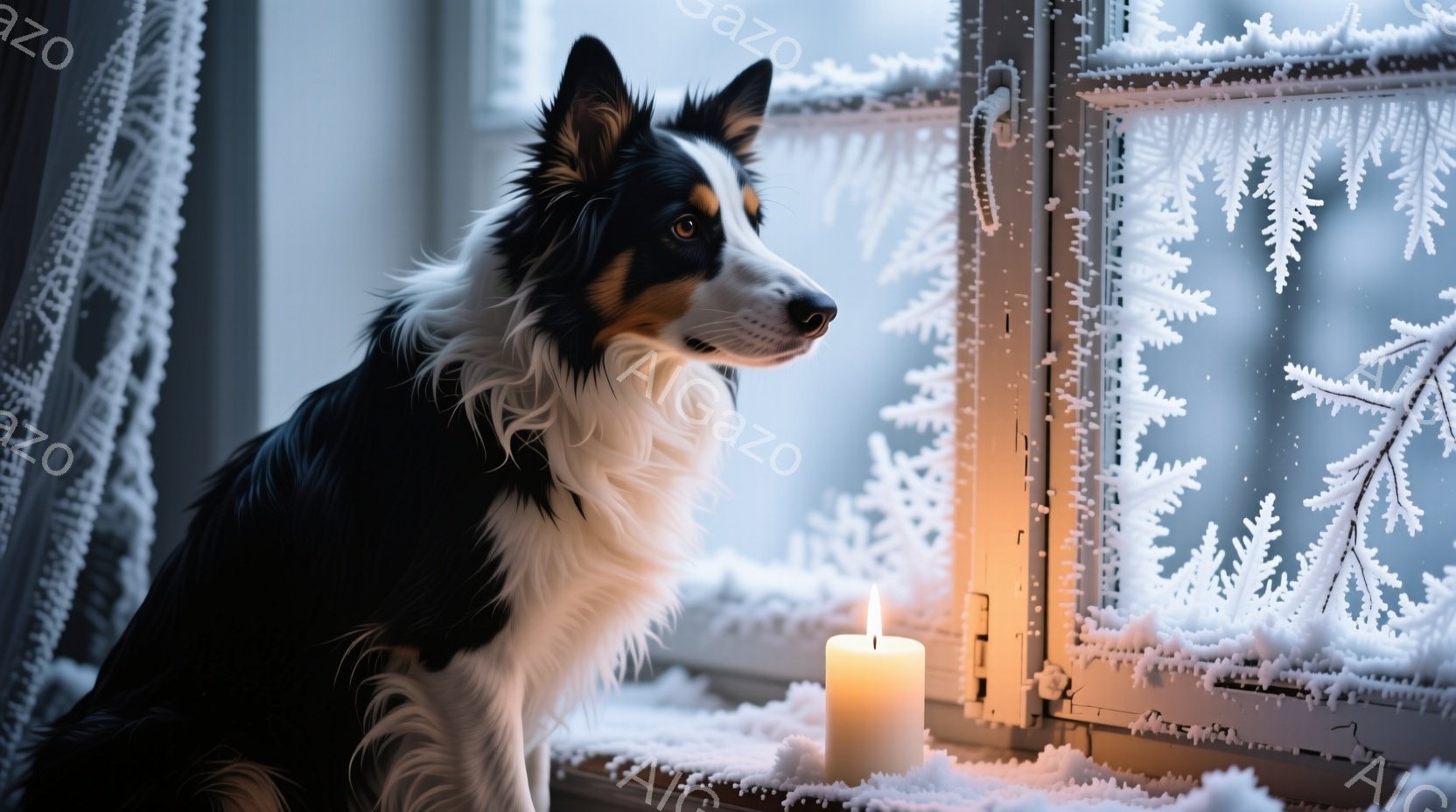 白黒のボーダーコリーが窓辺に座り、外を眺めている。窓ガラスには雪の結晶が描かれ、窓台には点灯したキャンドルが置かれている。全体的に冬の静寂と温かさを感じさせる、穏やかな雰囲気の画像である。 - AI生成フリー素材