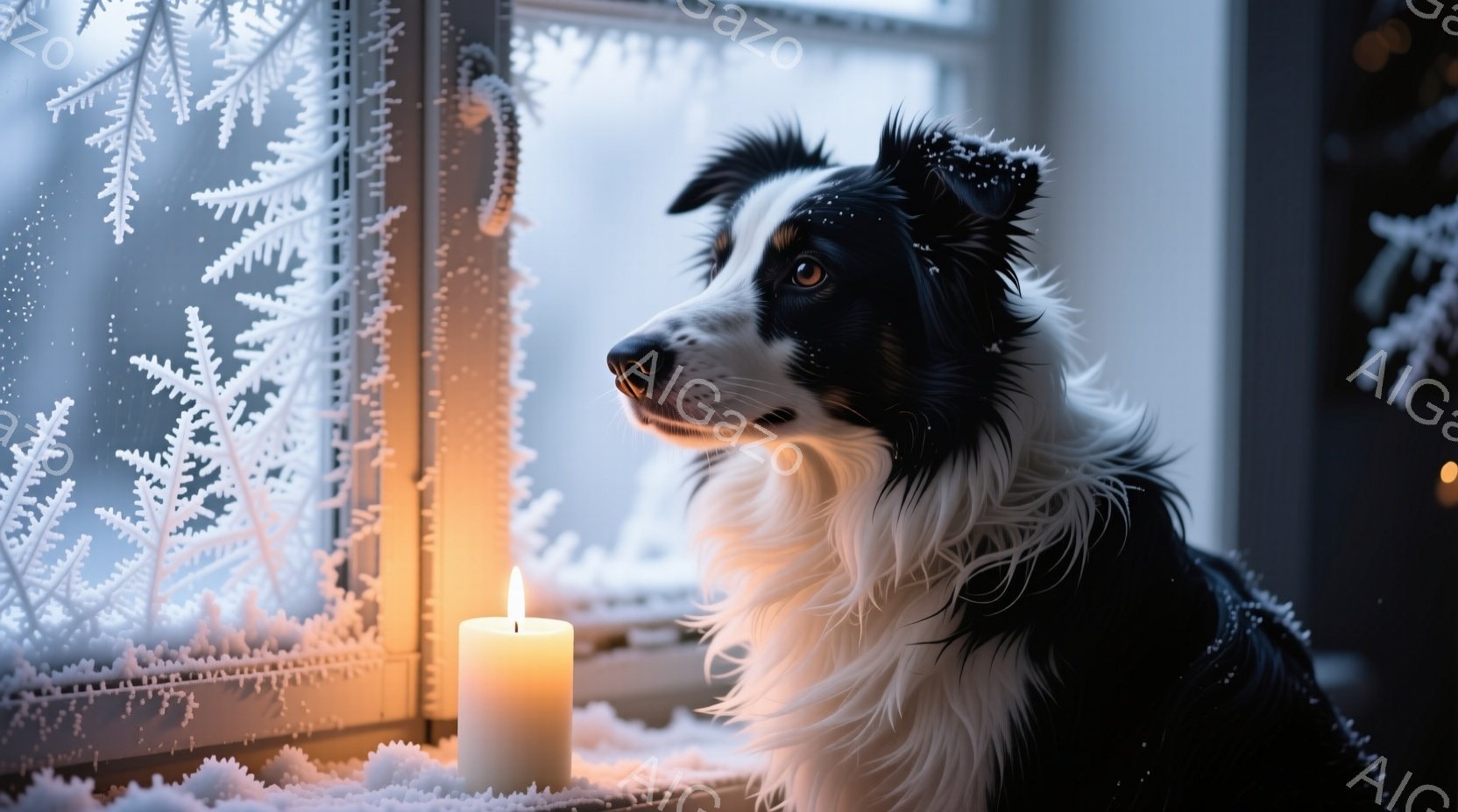白と黒のボーダーコリーが窓辺に座り、外を見つめています。窓には雪の結晶が描かれており、室内には温かい光を放つキャンドルが置かれています。全体的に暖かく、静かで、冬の穏やかな雰囲気が漂っています。 - AI生成フリー素材