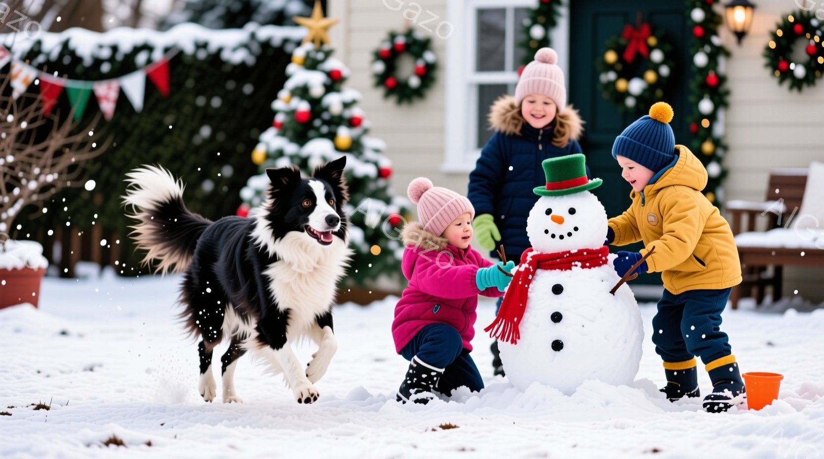 雪景色の中で、ピンクと黄色の防寒着を着た二人の子供が雪だるまを作っています。片方の子供はピンクの帽子と手袋を着用し、雪だるまに赤いマフラーを巻いており、もう片方の子供は黄色の帽子とジャケットを着て、小 - AI生成フリー素材