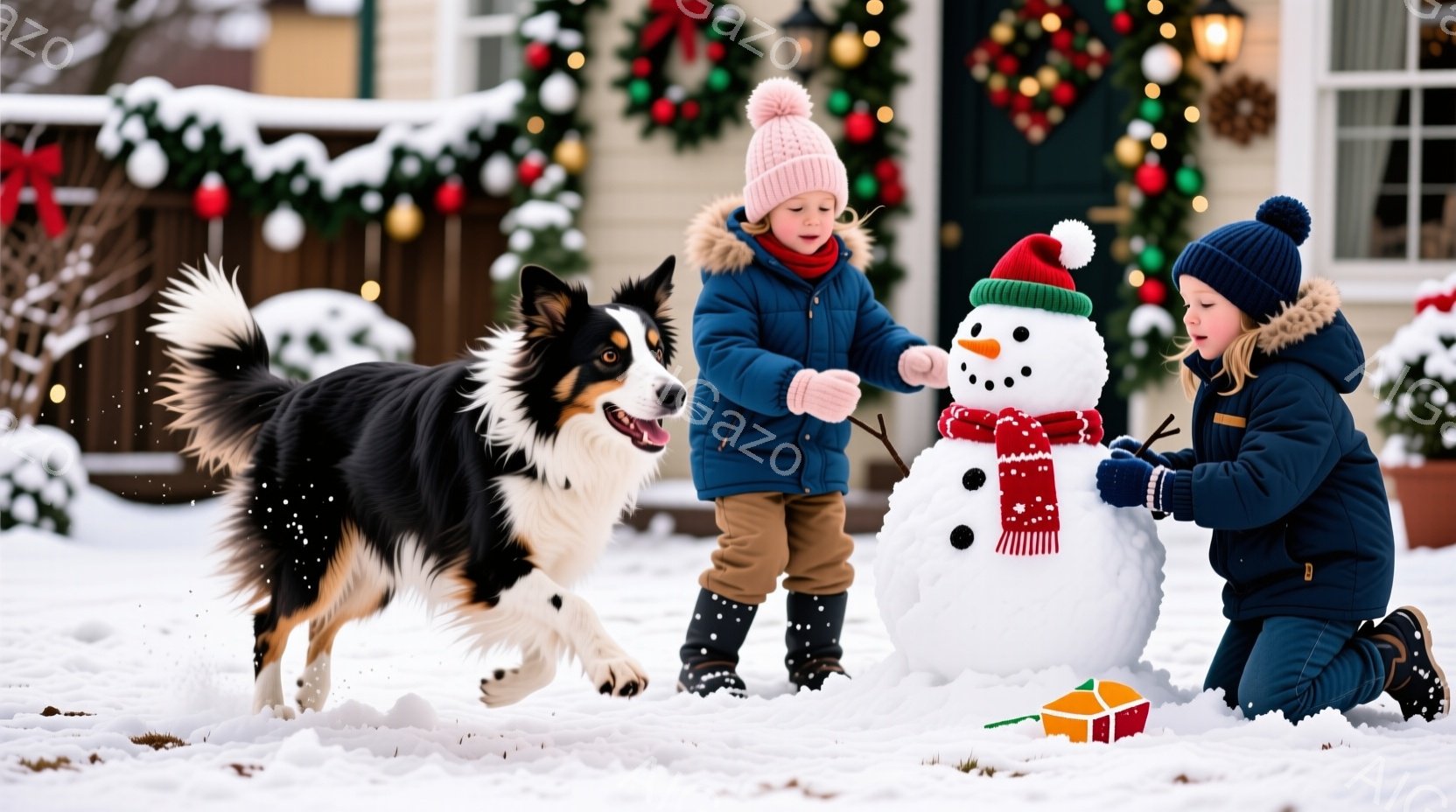 雪景色の中で、一人の女の子とボーダーコリーが雪だるつくりを手伝っています。女の子はピンクのニット帽と青いジャケットを着ており、雪だるつに枝を付けようとしています。背景には、クリスマスデコレーションが施 - AI生成フリー素材