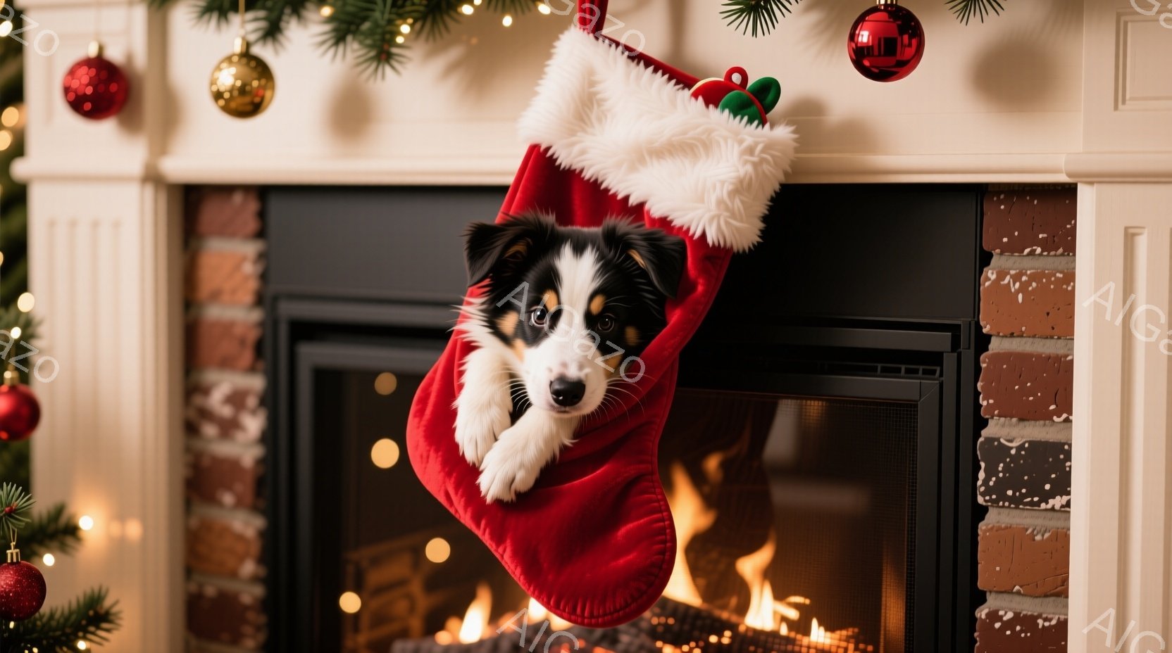 真っ赤なクリスマスストッキングの中に、可愛らしい子犬が顔を出しています。子犬は黒と白の毛並みで、好奇心旺盛そうな表情でこちらを見ています。背景には暖炉の炎と、クリスマスオーナメントで飾られた壁が見え、 - AI生成フリー素材