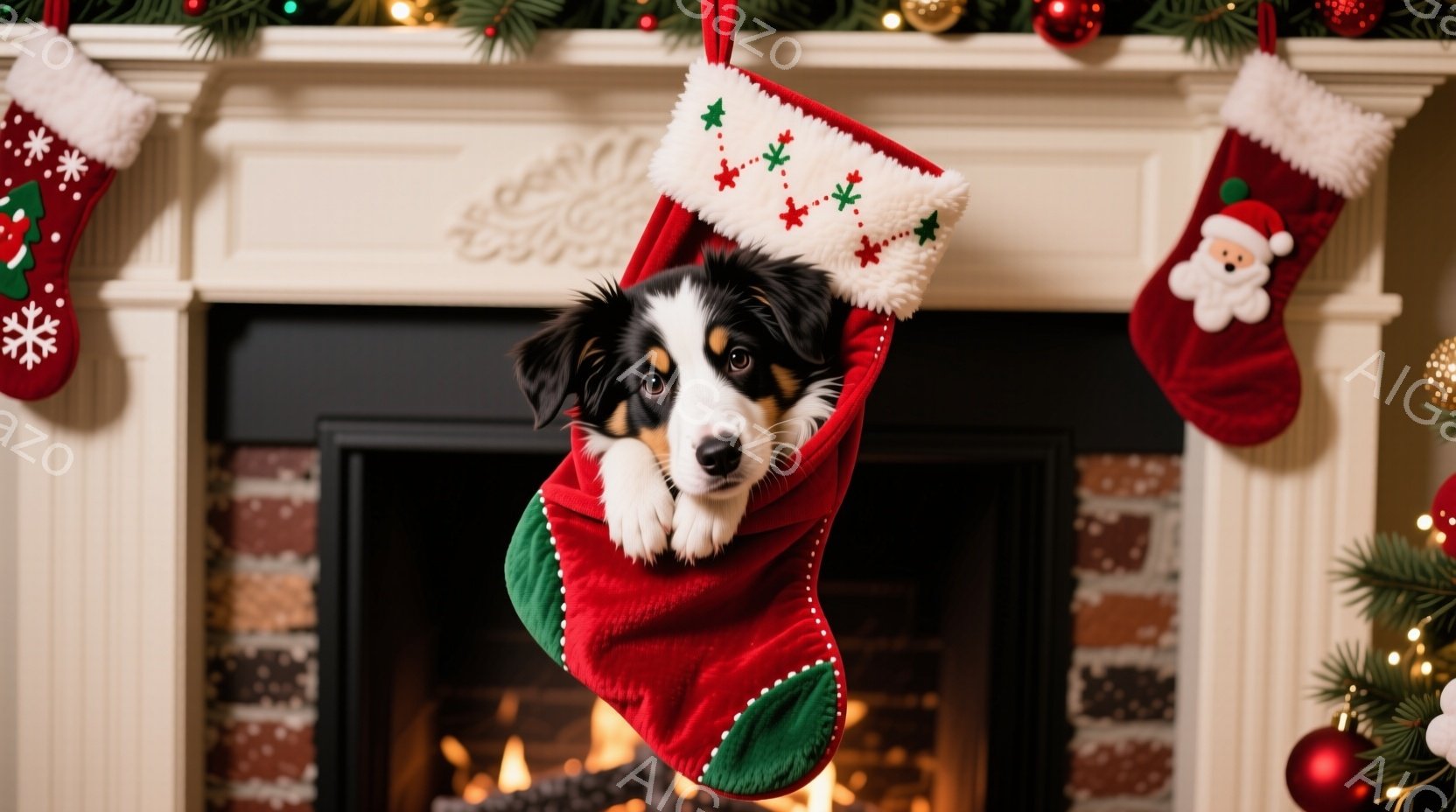 赤いクリスマスストッキングの中に、毛むくじゃらの子犬が顔を出しています。子犬は白と黒の毛並みで、好奇心旺盛な表情でカメラを見ています。背景にはレンガ造りの暖炉と、クリスマスツリーの装飾が写り、暖かくお - AI生成フリー素材