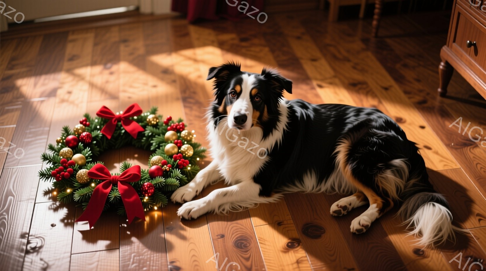 茶色い木の床に、黒と白のボーダーコリーが横たわっています。その隣には、赤いリボンと金色の飾りで飾られたクリスマスリースが置かれています。暖色系の光が室内を照らし、クリスマスの温かく穏やかな雰囲気が漂っ - AI生成フリー素材