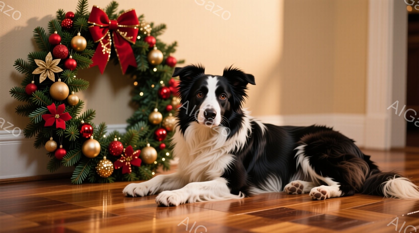 黒と白のボーダーコリーが木の床に横たわっており、背景には赤と金のオーナメントで飾られたクリスマスリースがあります。犬はリラックスした様子で、正面を見て落ち着いた表情をしています。暖色系の背景と光が、温 - AI生成フリー素材