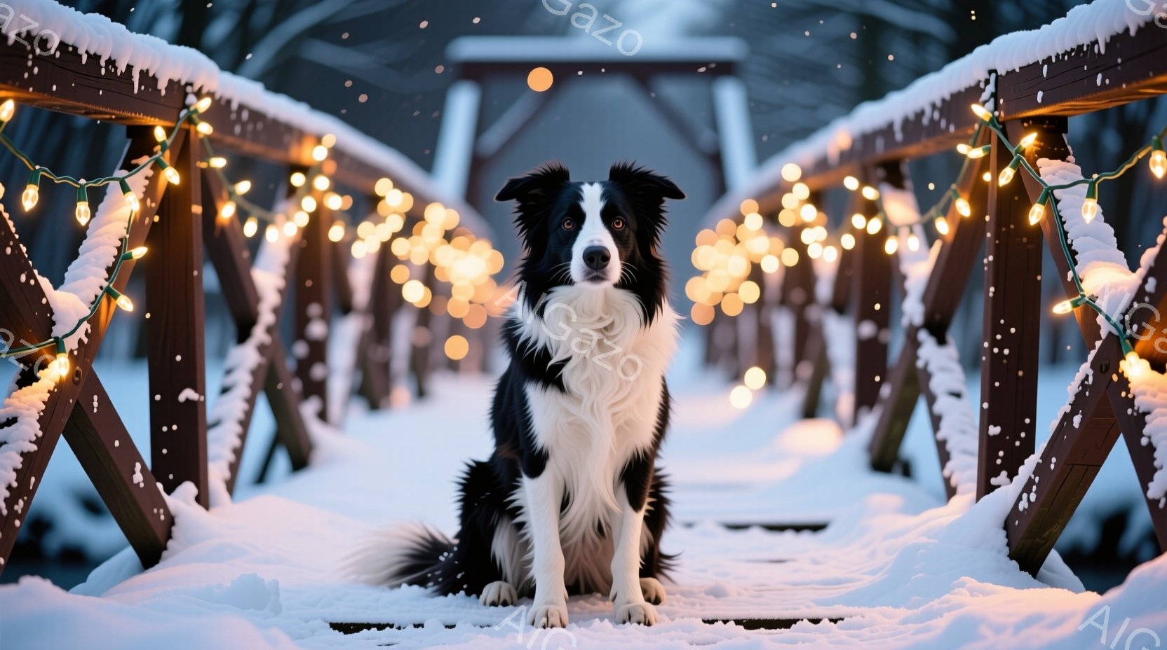 白と黒のボーダーコリーが雪に覆われた木製のアーチの下に座っています。その表情は穏やかで、前方をまっすぐ見つめています。背景には雪が降り積もり、アーチには暖かい光を放つ電飾が飾られ、冬の穏やかな雰囲気を - AI生成フリー素材