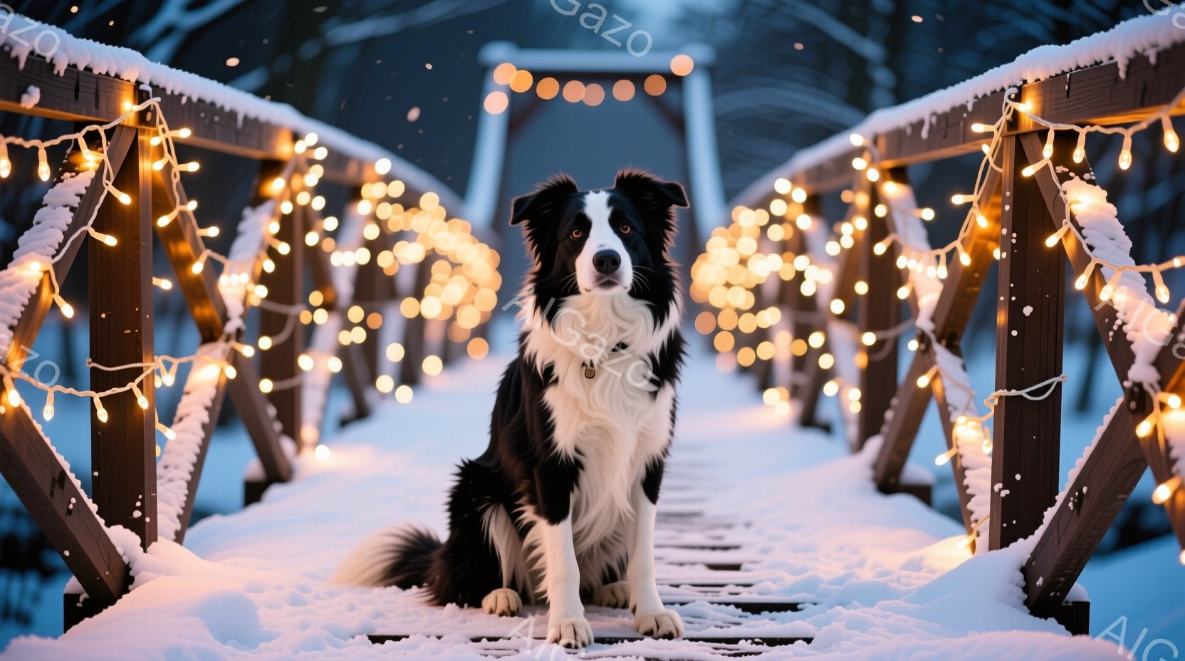 白黒のボーダーコリーが雪に覆われた木製の橋の上に座っています。犬は前をまっすぐ見ており、落ち着いた表情をしています。背景にはぼやけた木々と、温かい光を放つ無数のイルミネーションが輝き、冬の穏やかな夜の雰囲気を醸し出しています。