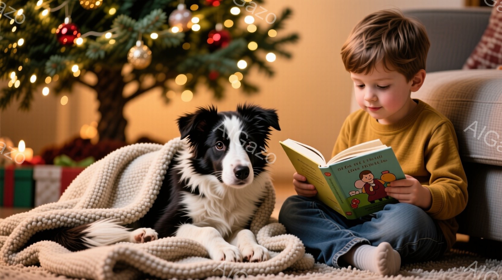 少年は、明るい黄色のセーターとジーンズを身に着け、床に座って本を読んでいます。そばには黒いボーダーコリーが寄り添い、リラックスした様子で少年の読書を眺めています。背景にはクリスマスツリーが飾られ、暖か - AI生成フリー素材