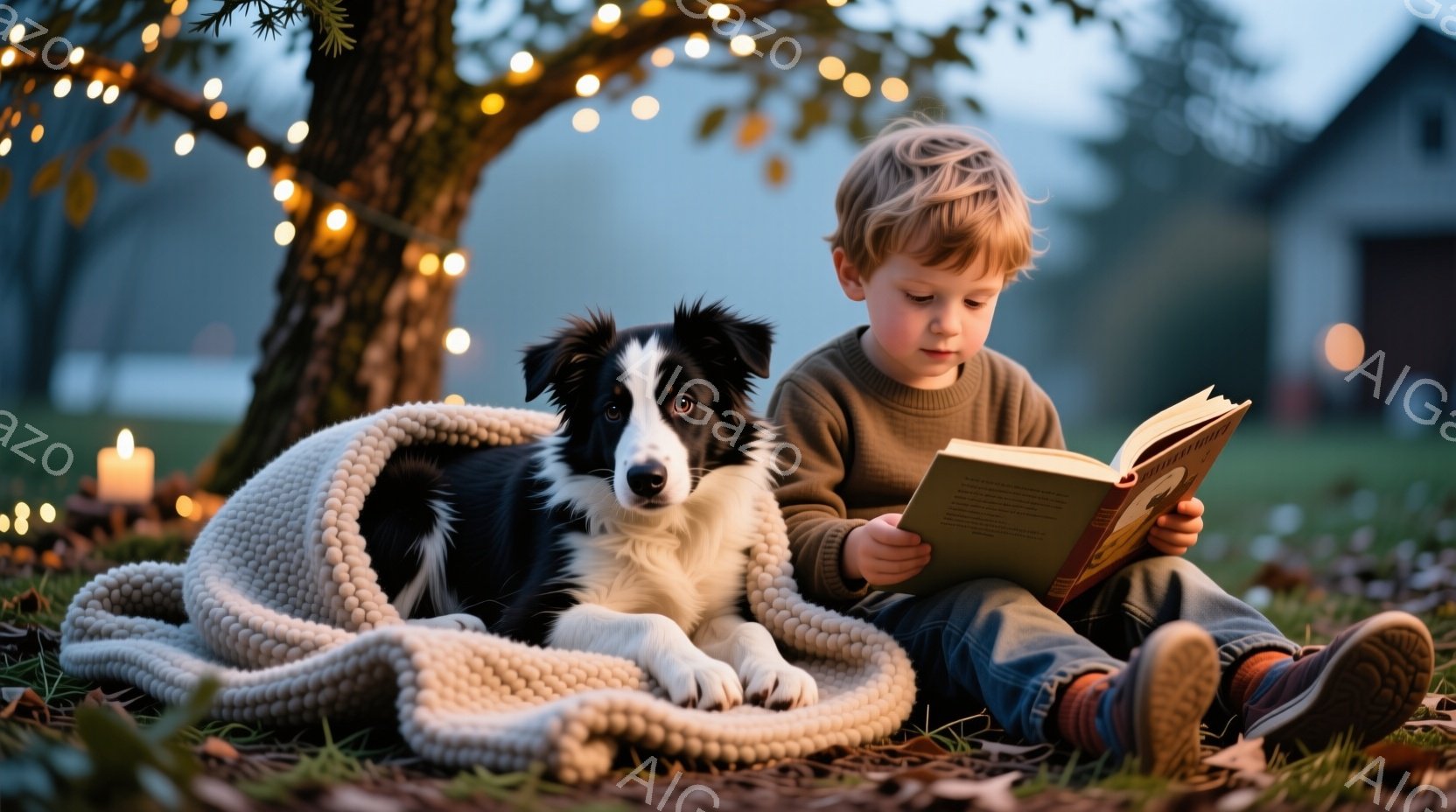 少年はニットセーターとブーツを履き、膝を曲げて芝生に座り、本に集中して読みふけっています。そばには、黒と白のボーダーコリーが、大きな編み物のブランケットの上に横たわり、穏やかな表情で少年のそばに寄り添 - AI生成フリー素材