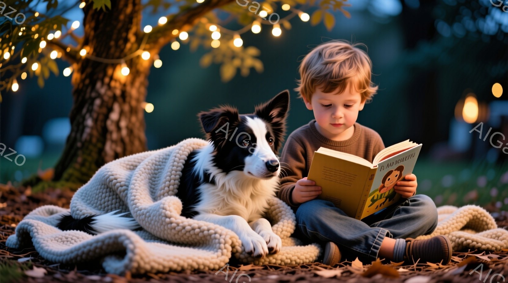 少年は緑のズボンと濃い青色のシャツを着て、芝生の上に座って本を読んでいます。隣には黒と白のボーダー模様の犬が寄り添い、柔らかいクリーム色の毛布が二匹を包んでいます。背景には木々と、暖かい光を放つ電球が - AI生成フリー素材