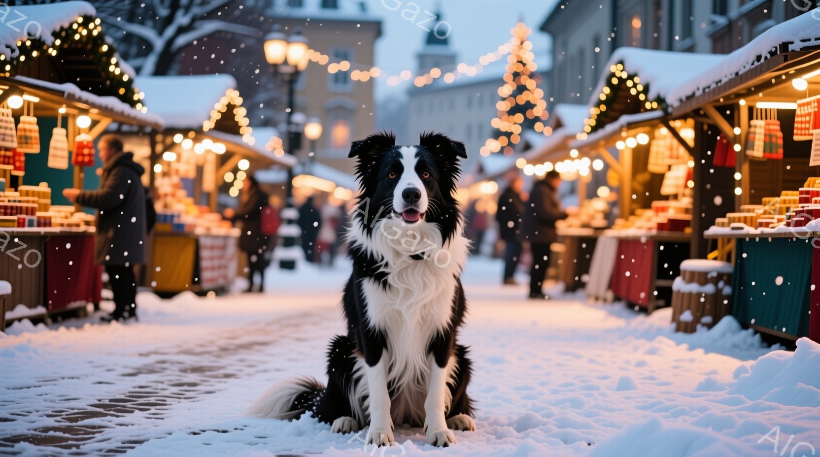 白黒のボーダーコリーが雪に覆われた石畳の通りに座っています。背景にはクリスマスのマーケットの屋台が並び、暖かい光が灯り、多くの人が歩いています。雪が舞う冬の夜の、賑やかで温かい雰囲気が漂っています。 - AI生成フリー素材