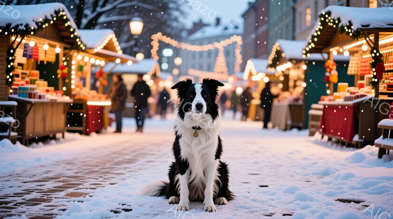 雪に覆われた風景の中、黒と白のボーダーコリーが正面を見据えながら駆けている。背景には、ぼやけたクリスマスツリーの光が輝き、雪が舞う冬の景色が広がっている。犬の表情は喜びにあふれ、活き活きとした躍動感が - AI生成フリー素材