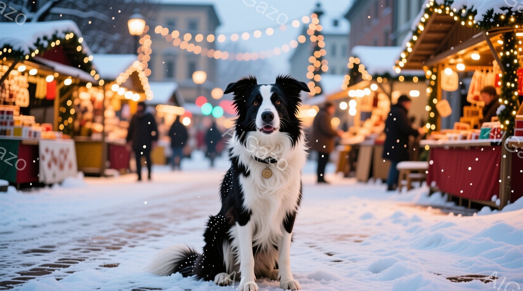 白と黒のボーダーコリーが雪に覆われた石畳の道に座り、正面を見ています。背景にはクリスマスのマーケットのような賑やかな光景が広がり、店が並び、雪が舞っています。全体的に暖かく、お祝いムードに包まれた冬の - AI生成フリー素材