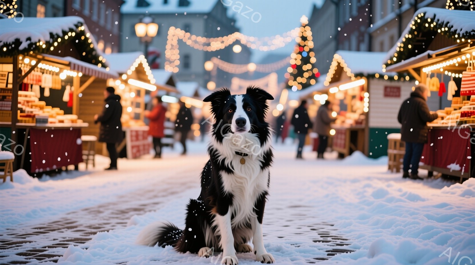 白黒のボーダーコリーが雪に覆われた石畳の道に座っており、まっすぐカメラを見つめています。背景にはクリスマスの市場の屋台が並び、暖かい光で照らされており、遠くには装飾されたクリスマスツリーが見えます。雪 - AI生成フリー素材