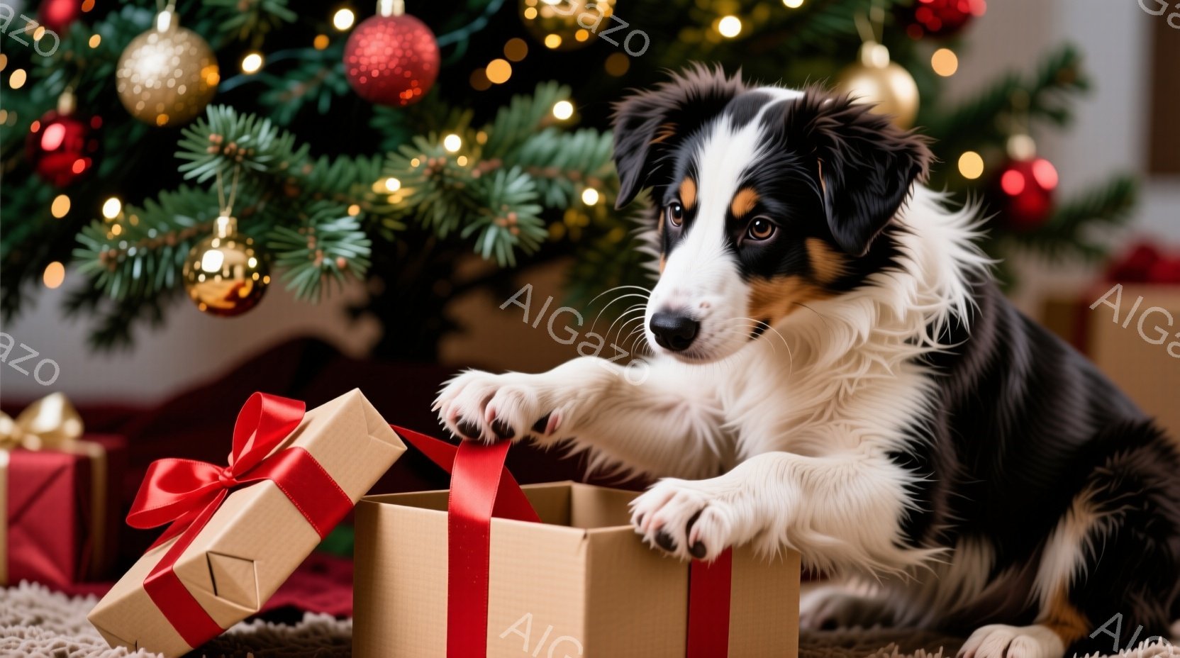 クリスマスツリーの足元に、茶色と黒の毛並みを持つ、白い模様のコリー犬が座っています。犬は開いたギフトボックスの中に前足を入れ、好奇心と少しの困惑が入り混じった表情をしています。背景には、赤、金、緑のオ - AI生成フリー素材