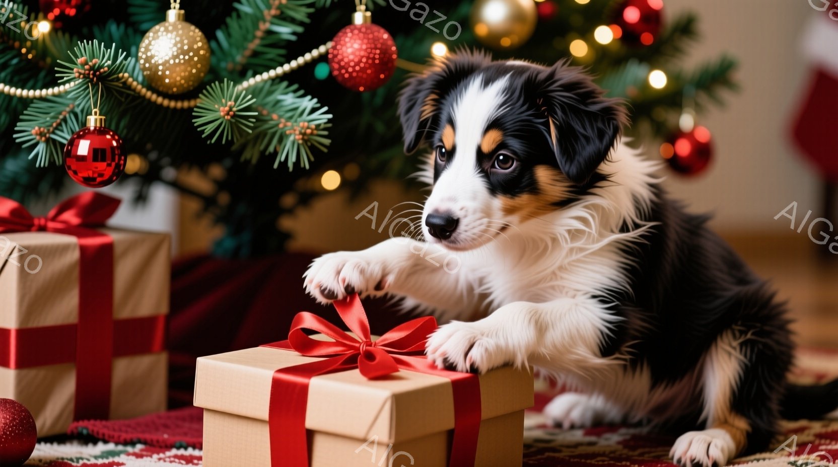 クリスマスツリーのそばに、プレゼントの箱と戯れる子犬が写っています。子犬はトライカラーの模様で、キラキラした目で箱の赤いリボンを前足でちょっかいを出しています。背景には緑のクリスマスツリーと赤いオーナ - AI生成フリー素材