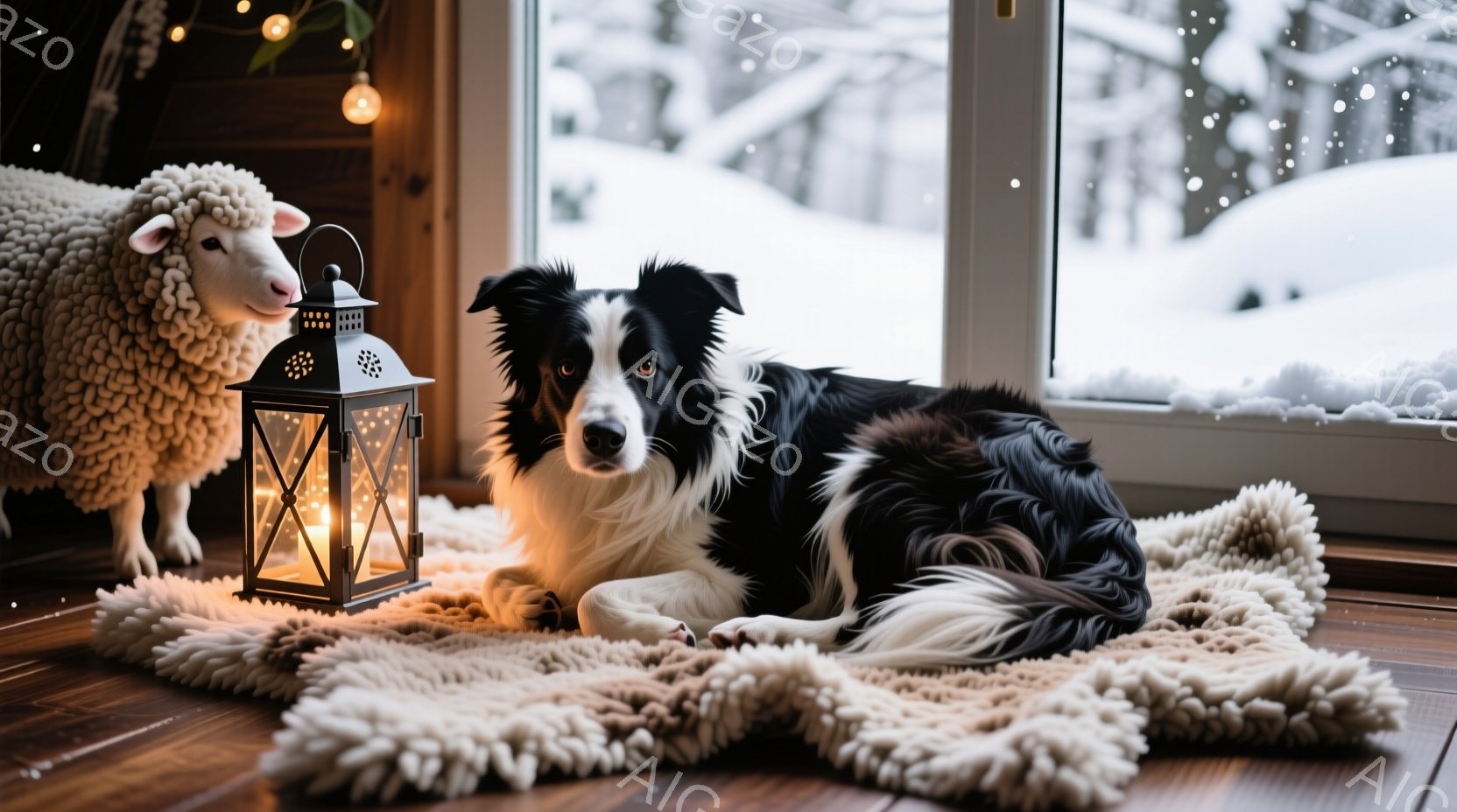 黒と白のボーダーコリーが、ふわふわの白いラグの上に横たわっています。背後には、雪景色が見える窓があり、部屋は温かく居心地の良い雰囲気です。そばには、点灯したキャンドルが灯されたランタンが置かれ、さらに - AI生成フリー素材