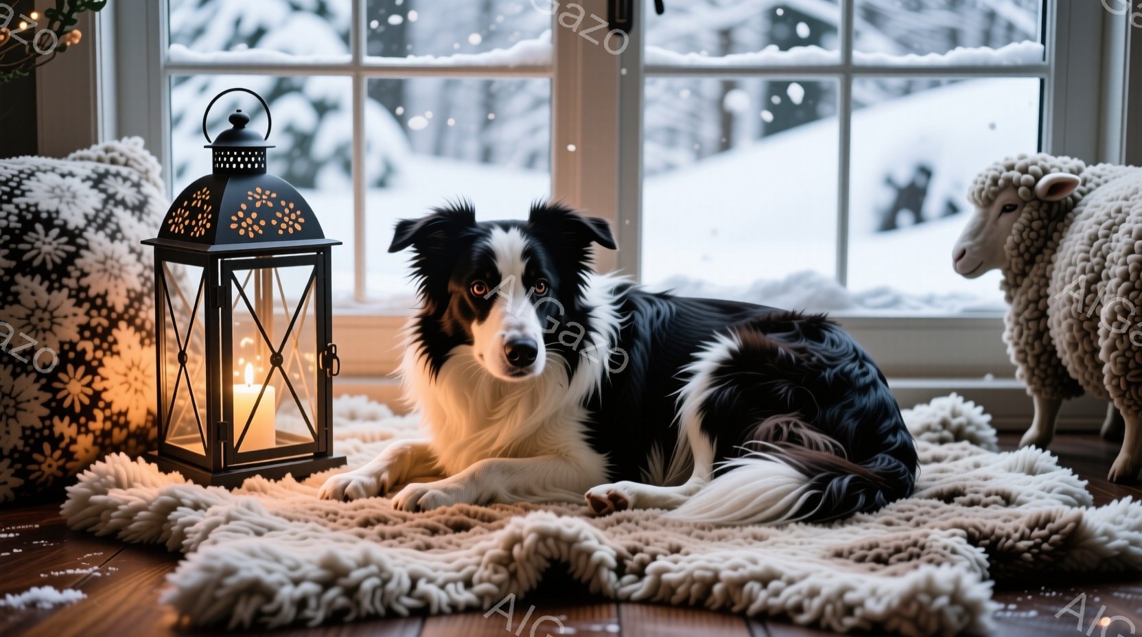暖炉のそばで、黒と白のボーダーコリーがふわふわのラグの上でリラックスして横たわっています。背景には雪景色が広がる窓があり、部屋はキャンドルが灯ったランタンの温かい光で照らされています。全体的に、暖かく - AI生成フリー素材