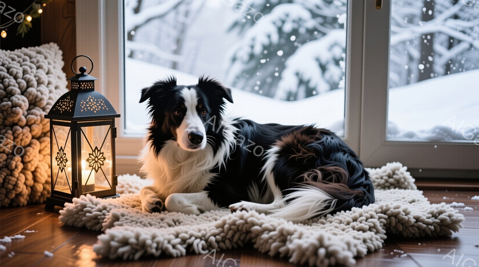 暖炉の光が柔らかく照らすフローリングに、黒と白のボーダーコリーがゆったりと横たわっています。犬はリラックスした表情で、その周りにはふわふわの白いラグが広がっています。背景には雪景色が見え、部屋全体が温かく穏やかな雰囲気に包まれています。