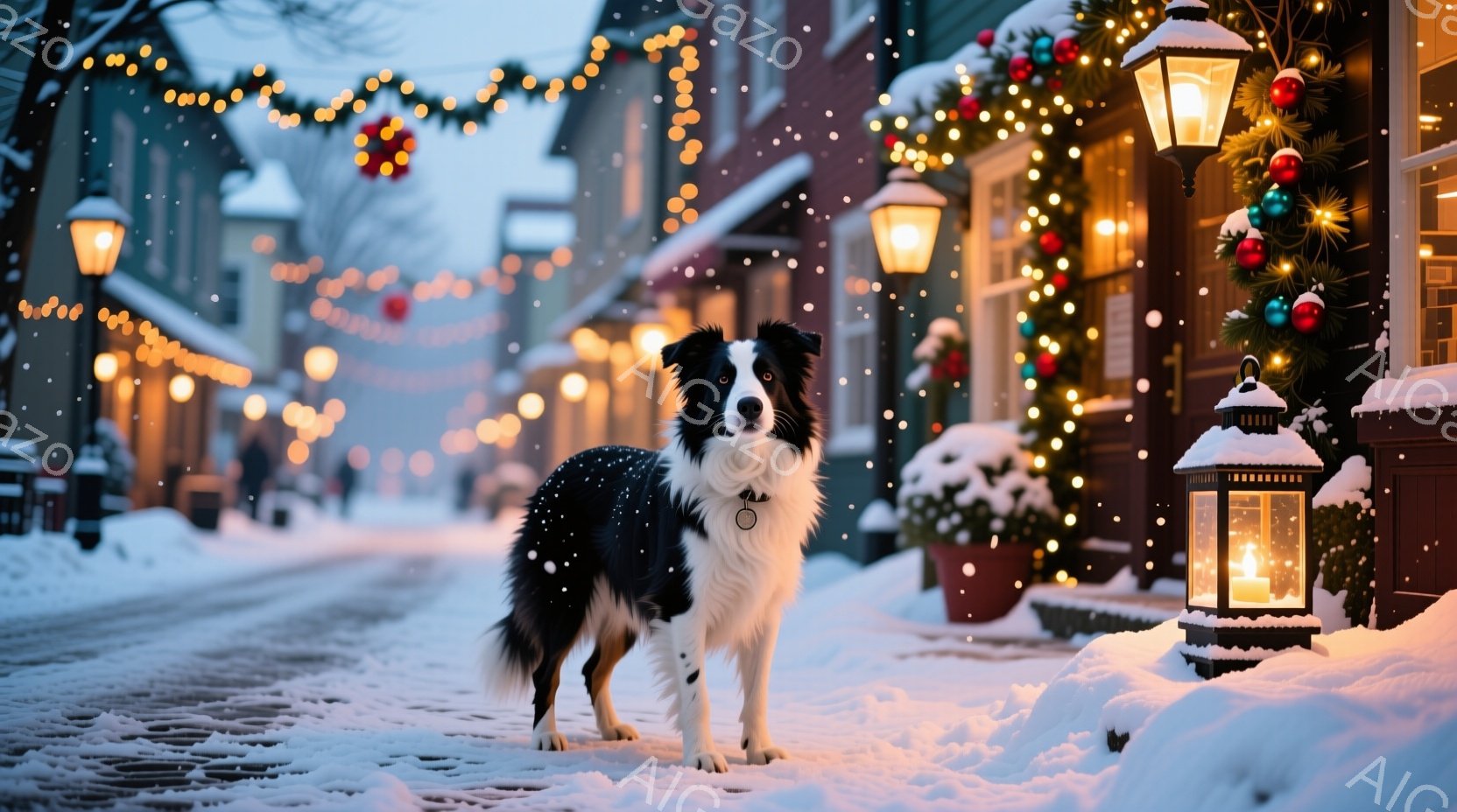 雪が降る冬の街並みを背景に、白と黒のボーダーコリーが正面を向いて立っている。街路樹や建物にはクリスマス装飾が施され、暖かく灯された街灯が雪景色を照らしている。犬は首輪を付けており、凛とした表情で、まる - AI生成フリー素材