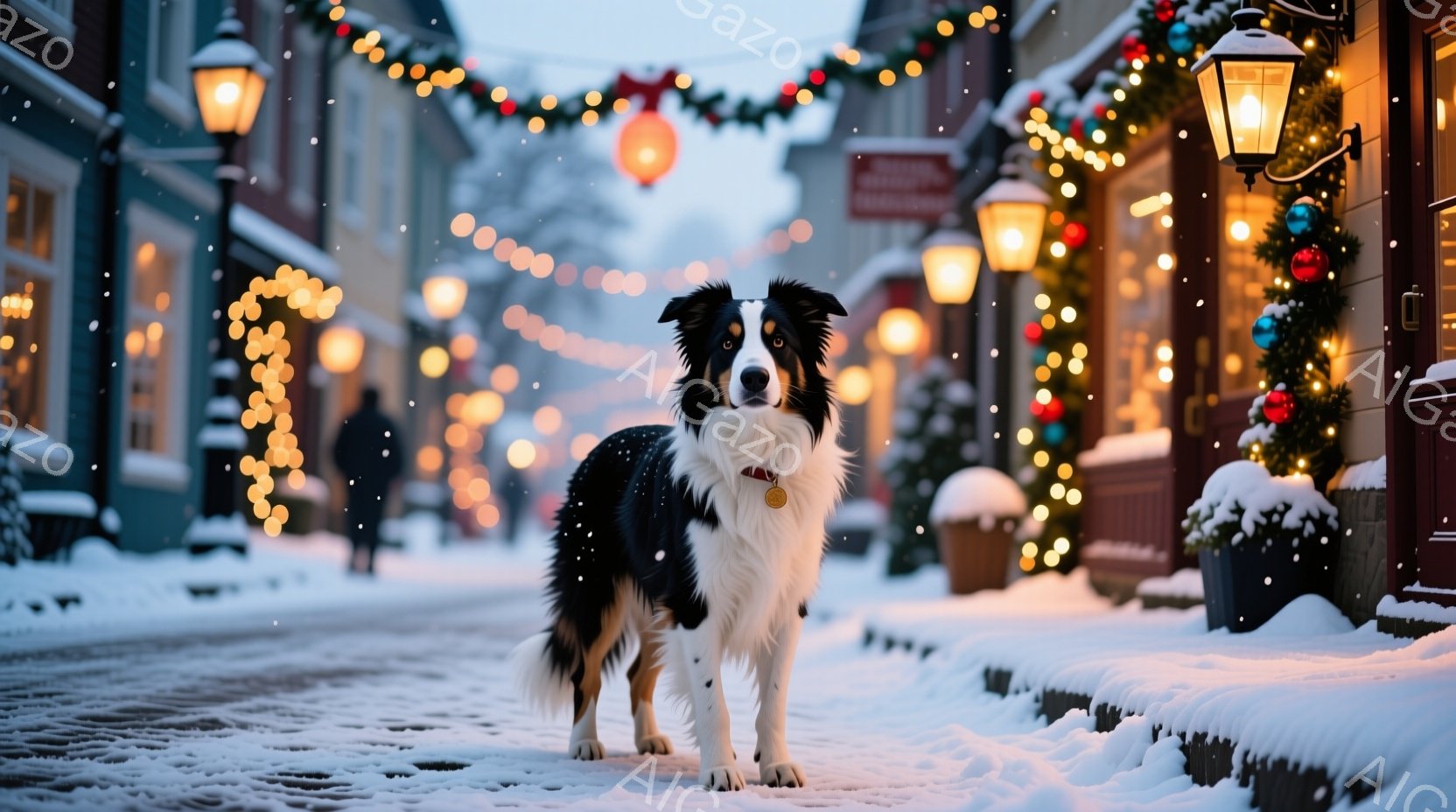 白と黒のボーダーコリーが雪の積もった石畳の道に立っている。背景には、クリスマスイルミネーションで飾られた建物が並び、雪が舞っている様子が描かれている。温かい光が辺りを照らし、冬の穏やかで祝祭的な雰囲気 - AI生成フリー素材