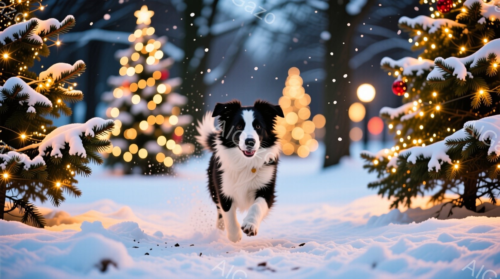 白黒のボーダーコリーが雪景色の中を勢いよく駆け抜けている。背景にはイルミネーションで飾られたクリスマスツリーがぼんやりと光り、雪が舞い散る幻想的な雰囲気を醸し出している。全体的に暖かく、喜びと活気に満 - AI生成フリー素材