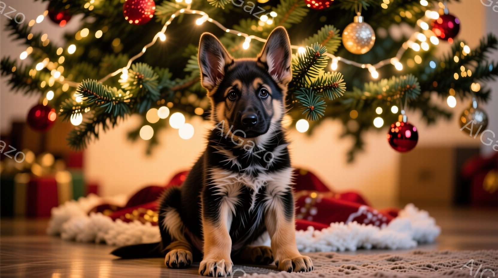 クリスマスツリーの足元に、小さなジャーマンシェパードの子犬が座っています。子犬は正面を見て、好奇心と少しの困惑が混ざった表情をしています。背景には、赤いオーナメントと輝くイルミネーションで飾られたクリ - AI生成フリー素材