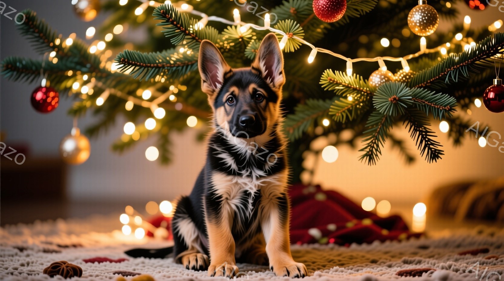 クリスマスツリーの足元に座っているドイツシェパードの子犬が写っています。子犬は黒と茶色の毛並みで、まっすぐ前を見て穏やかな表情をしています。背景にはぼやけたクリスマスツリーのライトと赤い装飾があり、暖 - AI生成フリー素材
