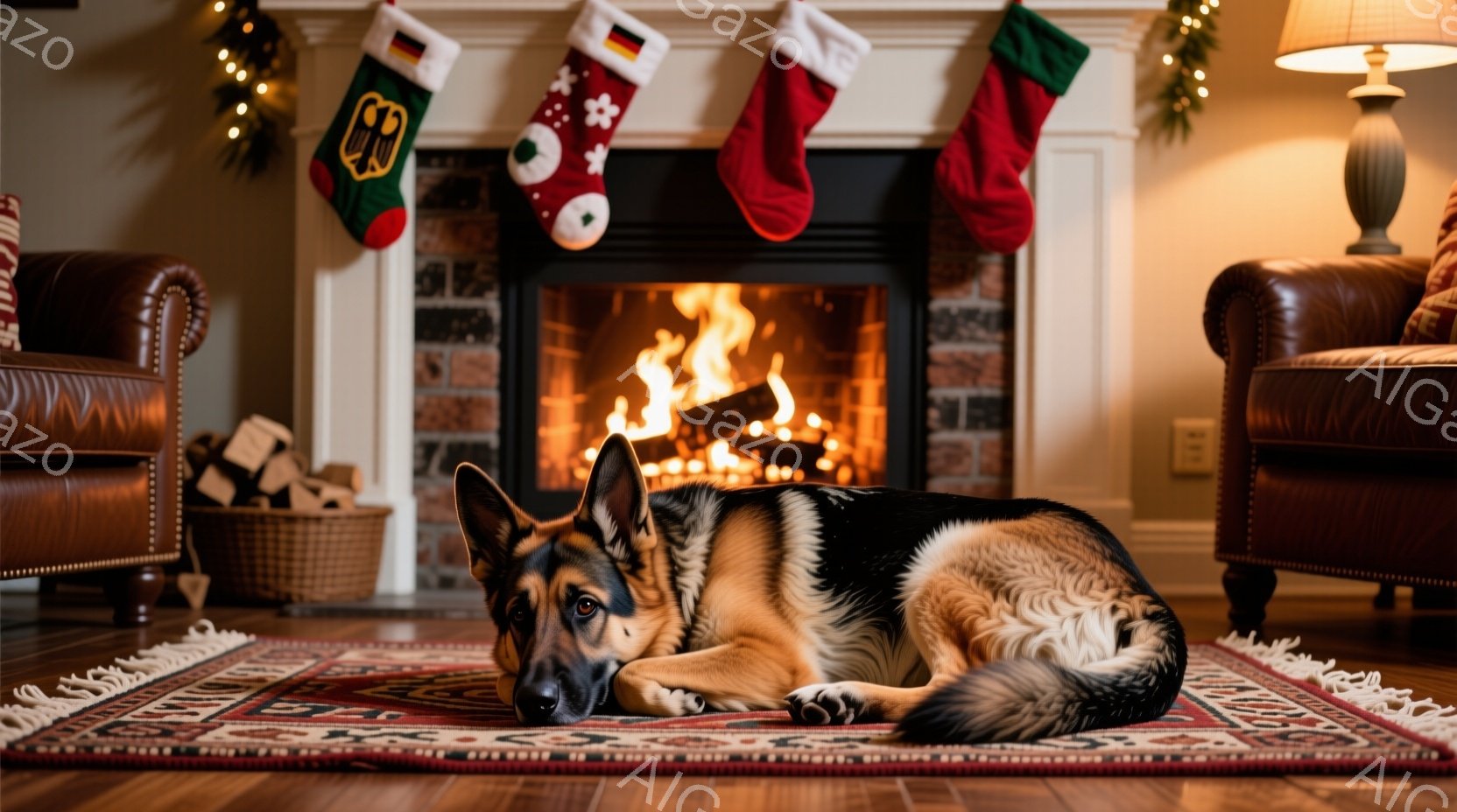 暖炉の前に敷かれた絨毯の上で、ジャーマンシェパードがリラックスして横たわっています。背景には、クリスマス柄の靴下が暖炉の棚に飾られ、温かい光が室内を満たしています。暖炉の炎と居心地の良いインテリアが、 - AI生成フリー素材