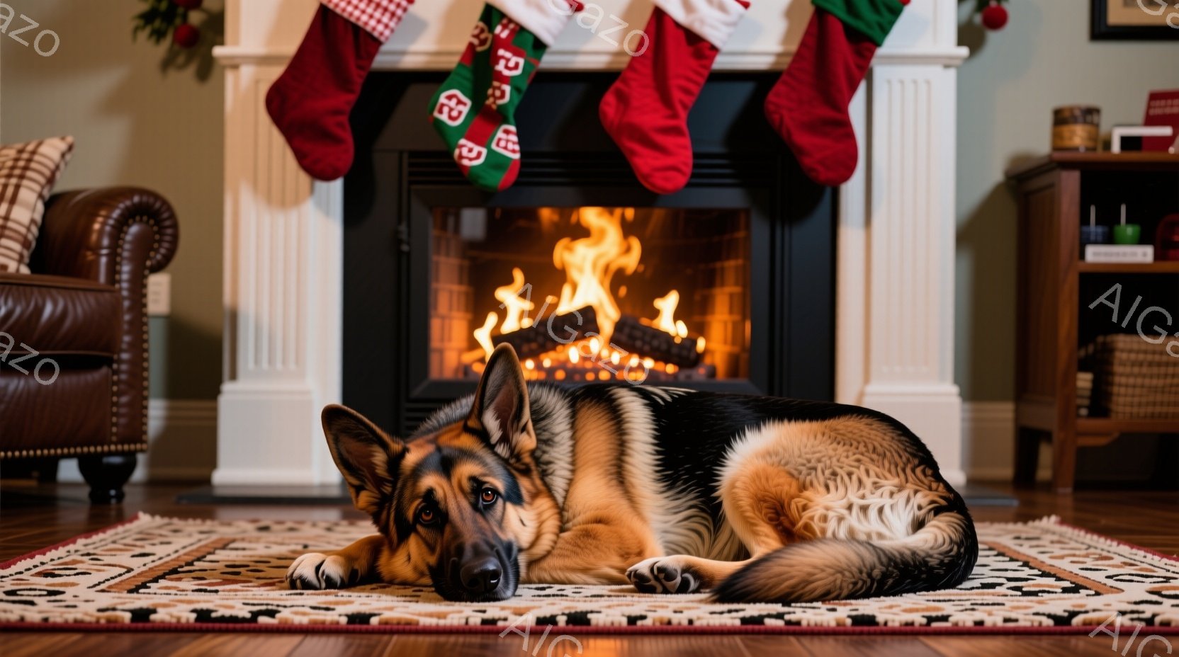 暖炉の前に、美しいジャーマンシェパードがリラックスして横たわっています。暖炉には火が燃え、クリスマスの靴下が掛けられています。部屋は暖かく、居心地の良い雰囲気で、落ち着いた色調のラグの上に犬が優雅に寝 - AI生成フリー素材