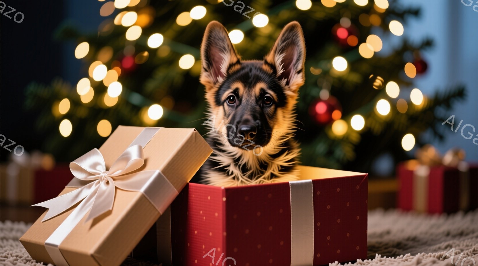 赤いギフトボックスとベージュのギフトボックスの中に、ドイツシェパードの子犬が顔を出しています。子犬は好奇心旺盛な表情でカメラを見つめており、ふわふわの毛並みが特徴的です。背景には、ぼやけたクリスマスツ - AI生成フリー素材