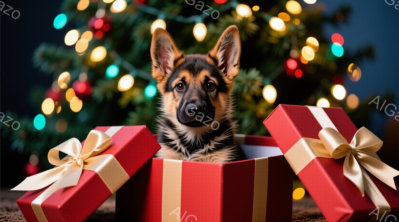 愛らしいジャーマンシェパードの子犬が、赤いリボンのかかったプレゼントボックスの中に座っています。背景には、ぼやけたカラフルなクリスマスライトが輝き、お祝いの雰囲気を醸し出しています。子犬は少し驚いた表 - AI生成フリー素材