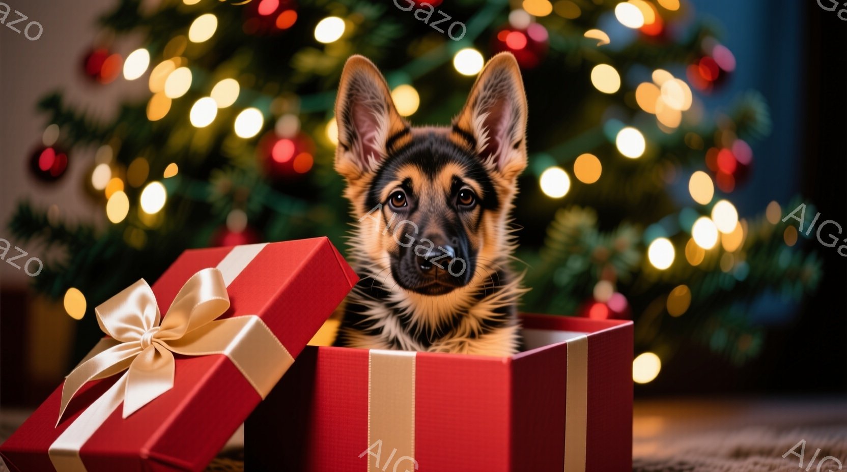 赤いギフトボックスの中に、ドイツシェパードの子犬が可愛らしく顔を出しています。子犬は明るい茶色の毛並みで、好奇心と少しの戸惑いが入り混じった表情をしています。背景にはぼやけたクリスマスツリーの光が輝き - AI生成フリー素材