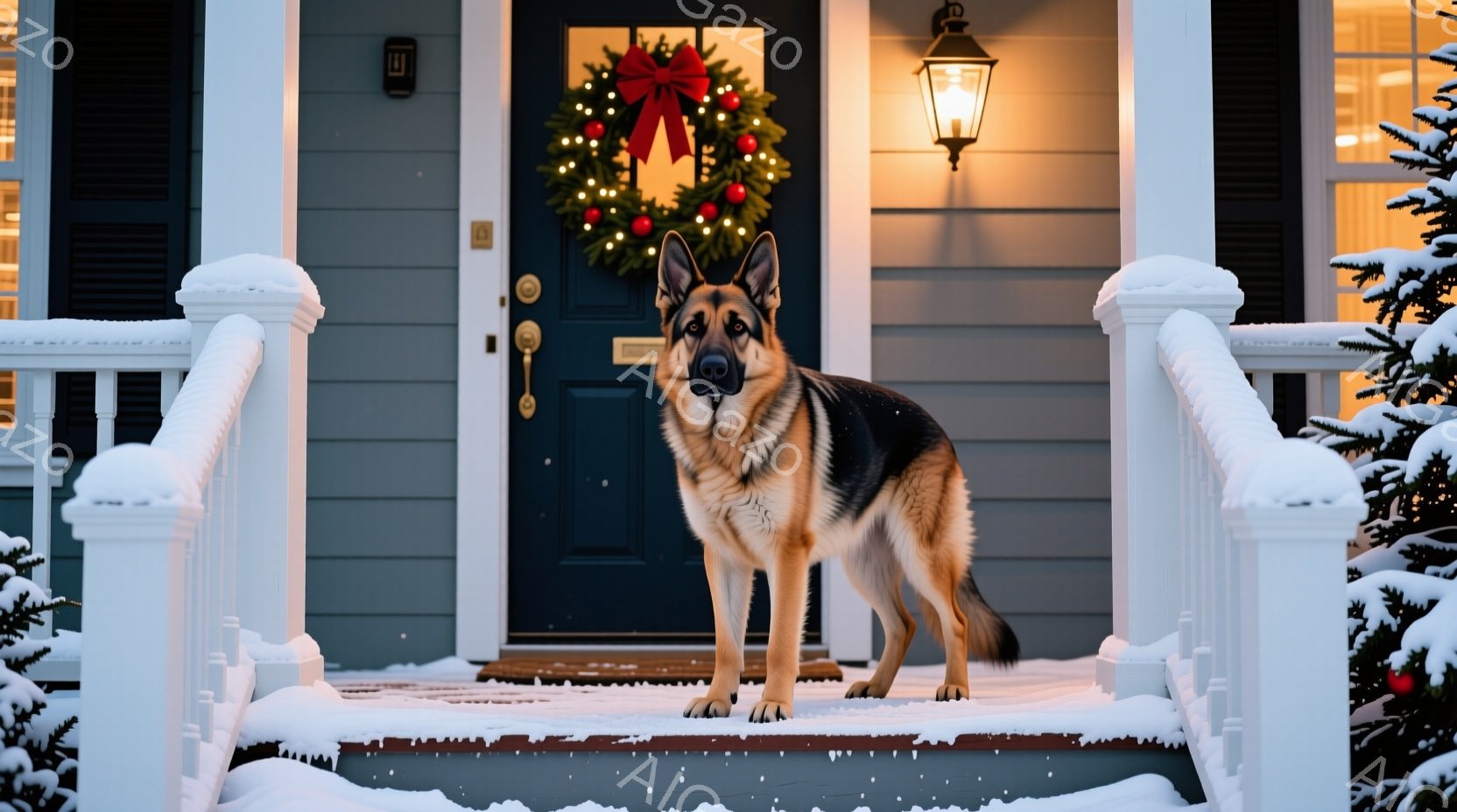 白い雪が積もった家の階段に、ジャーマンシェパードが凛々と立っている。背景には、クリスマスリースが飾られた紺色のドアと、ぼんやりと光る電灯が見え、冬の暖かく穏やかな雰囲気が漂っている。雪が舞い、全体的に静かで落ち着いた印象を与える写真である。