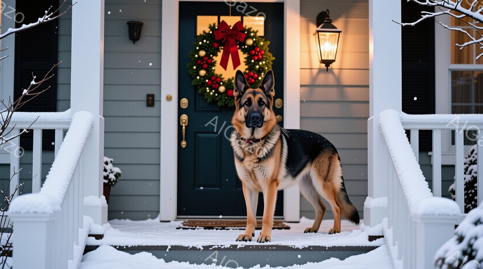 白い雪が降り積もる家の階段に、ジャーマンシェパードが立っている。玄関にはクリスマスリースが飾られ、温かい光が灯っている。犬は落ち着いた表情で正面を見つめ、冬の穏やかな雰囲気を醸し出している。 - AI生成フリー素材