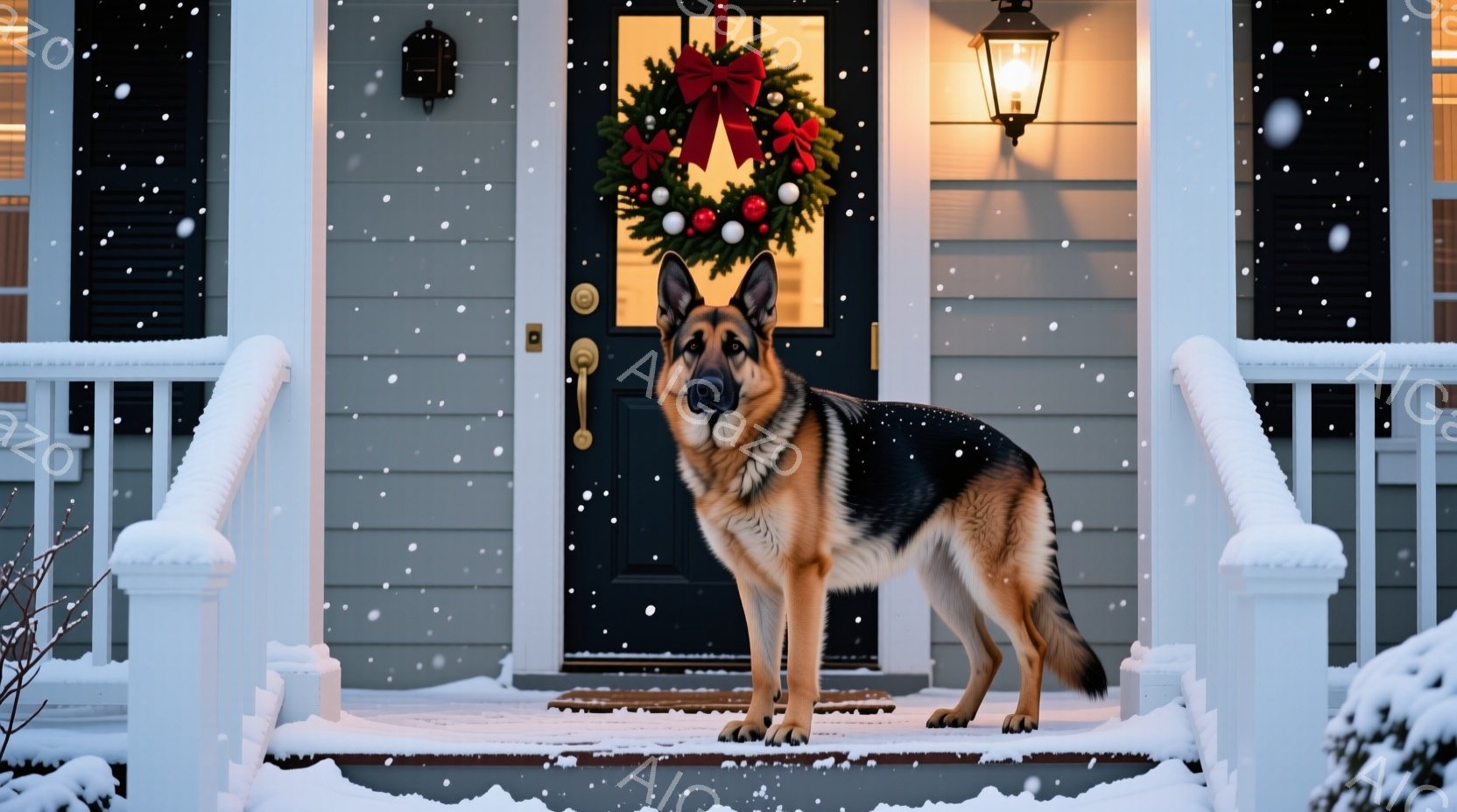 白い雪が降る中で、ドイツシェパードが家の玄関の段に立っている。玄関にはクリスマスリースが飾られ、暖かな光が灯っている。雪景色と犬の凛とした姿が、静かで温かい冬の雰囲気を醸し出している。