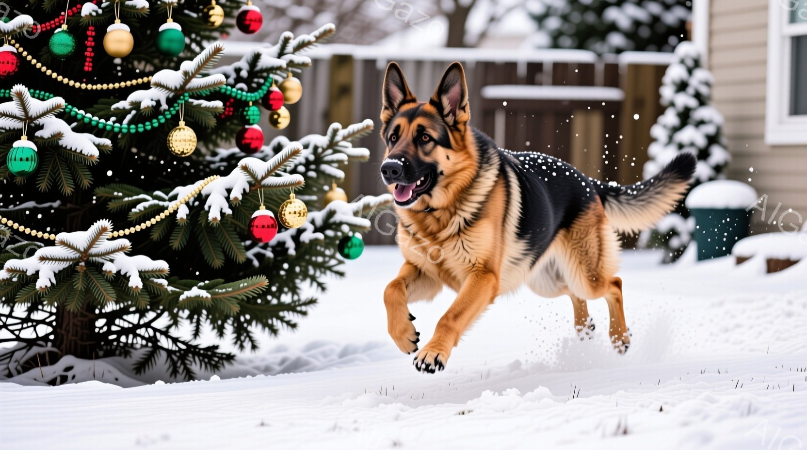 雪が降る庭で、ジャーマンシェパードが勢いよく駆けている。クリスマスツリーが雪化粧をしており、背景には住宅が見える。全体的に暖かく、遊び心あふれる冬の雰囲気が漂っている。