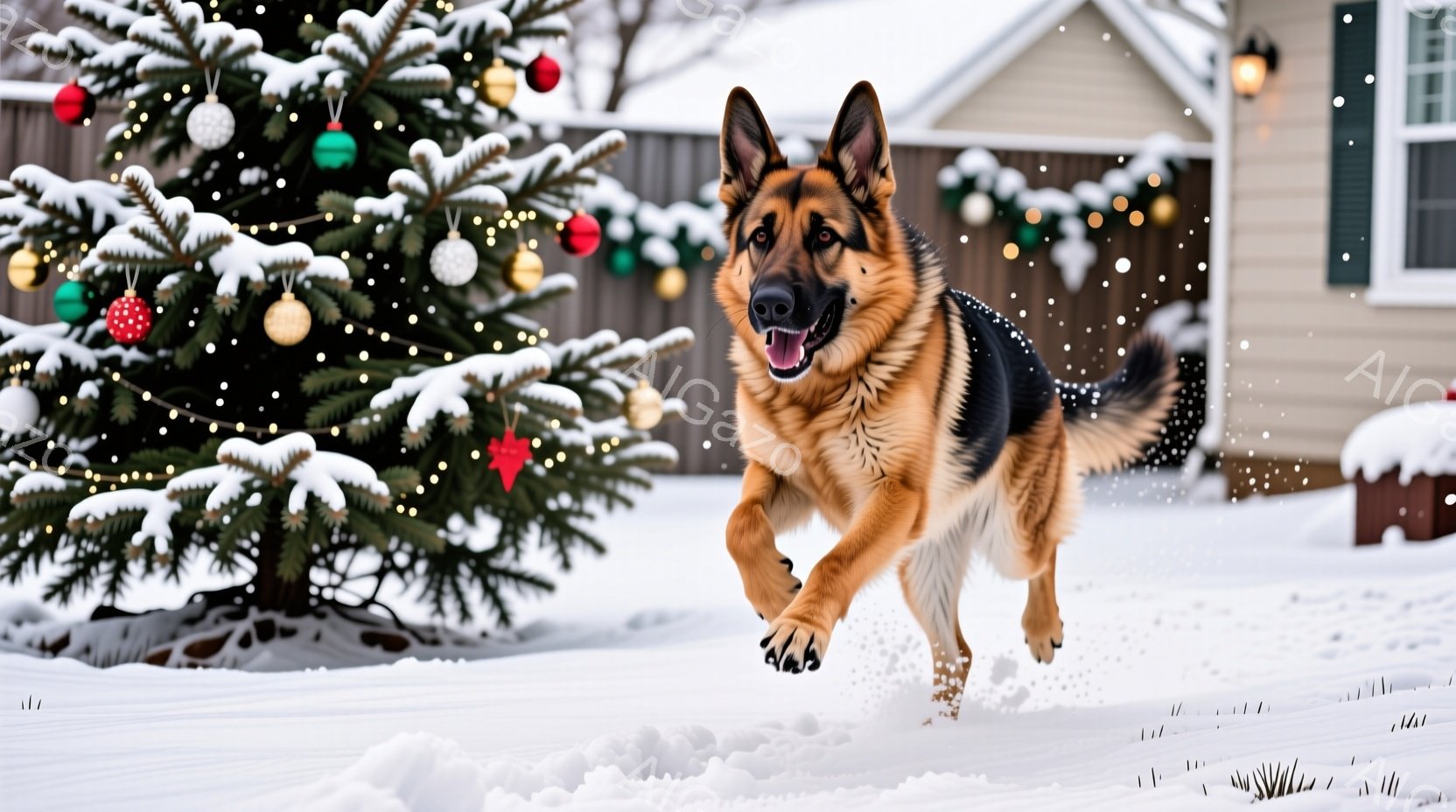 雪が降る庭で、ドイツシェパードが雪の中を勢いよく走っている。背景にはクリスマスツリーが飾られ、雪で覆われた家が見える。全体的に、冬の暖かく楽しい雰囲気が漂う写真である。 - AI生成フリー素材