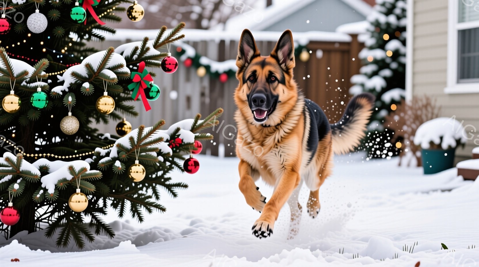 鮮やかな緑のクリスマスツリーが雪に覆われた庭に立っており、赤、金、緑のオーナメントで飾られています。ジャーマンシェパードが雪の中を駆け抜け、口を開けて楽しそうに走っています。背景には、雪で覆われた木々や建物が見え、雪が舞い散る冬の暖かく幸せな雰囲気を醸し出しています。
