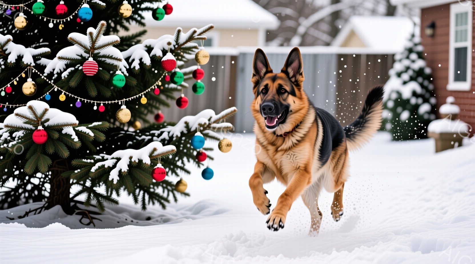 雪が舞う屋外で、ドイツシェパード犬が雪の上を駆けている。背景にはクリスマスツリーが飾られ、雪景色の中に赤や緑のオーナメントが色鮮やかに映えている。犬は口を開け、楽しそうな表情で躍動感あふれる姿を見せて - AI生成フリー素材