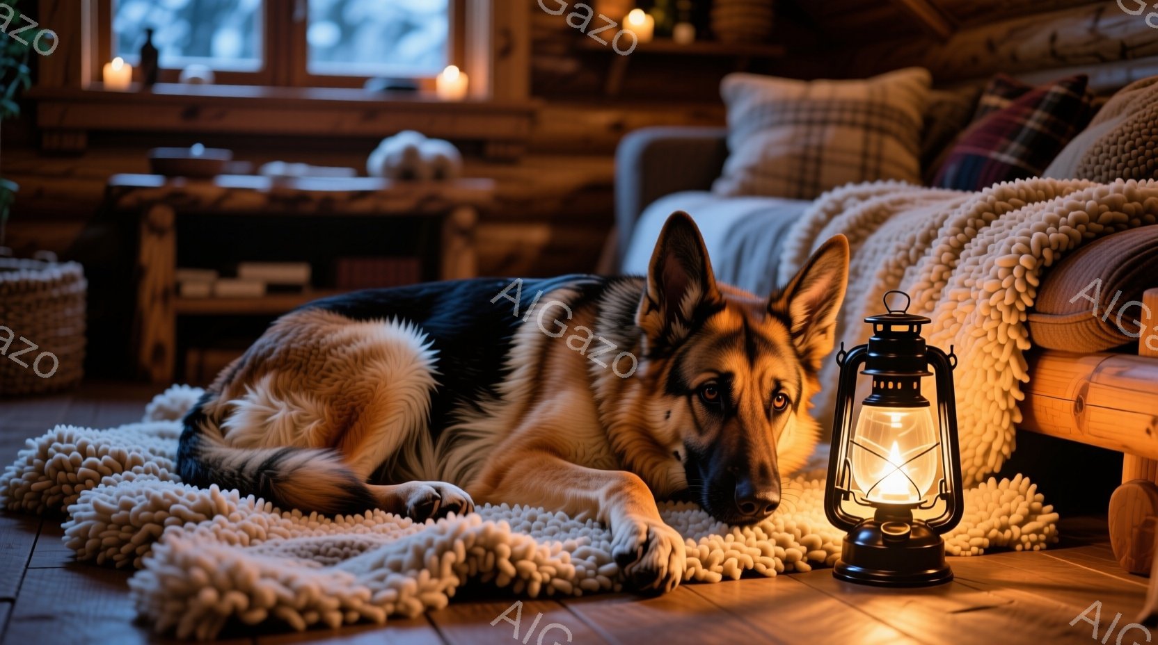 ソファの前に敷かれたふわふわのラグの上に、ジャーマンシェパードが横たわっています。部屋は木製の壁と家具で暖かく、暖炉やキャンドルから優しい光が差し込み、リラックスした雰囲気を醸し出しています。そばには - AI生成フリー素材