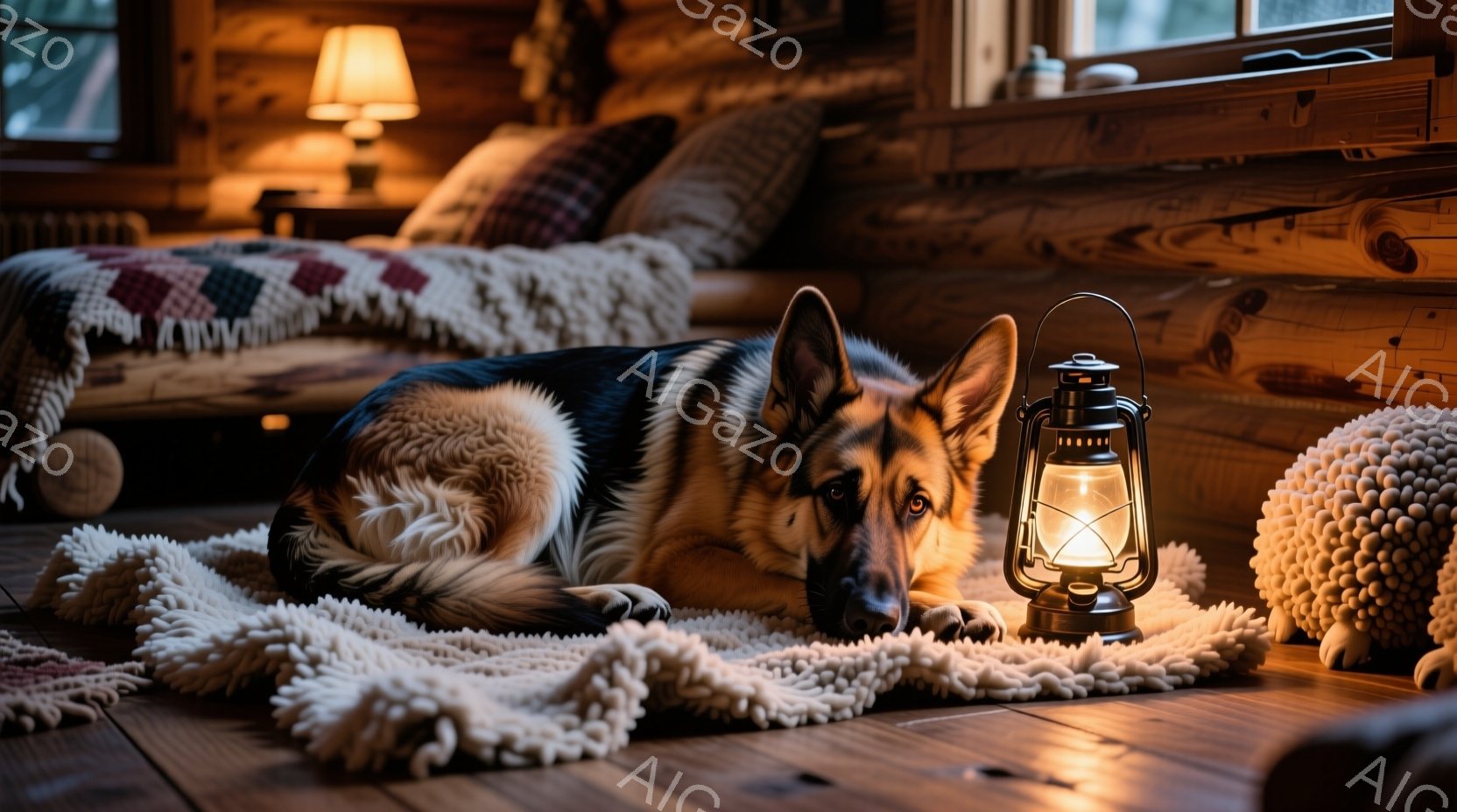 暖炉のある木の家の中で、ジャーマンシェパードがふわふわの白いラグの上に横たわっています。犬はリラックスした表情で、部屋の奥にはベッドと、優しい光を放つランプが見えます。全体的に温かく、居心地の良い雰囲気で、まるで静かな夜の隠れ家のような空間です。