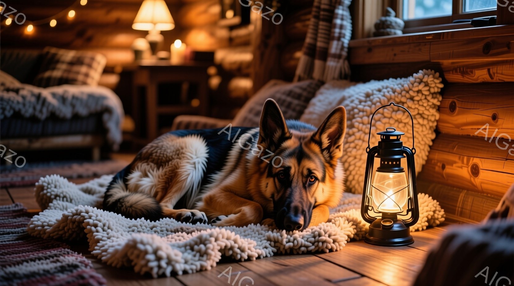 暖炉のある木の家の中で、ジャーマンシェパードがふわふわのラグの上に横たわっています。その表情は穏やかで、リラックスした様子が伝わってきます。背景には、木製の壁や、温かい光を放つランプが見え、居心地の良 - AI生成フリー素材