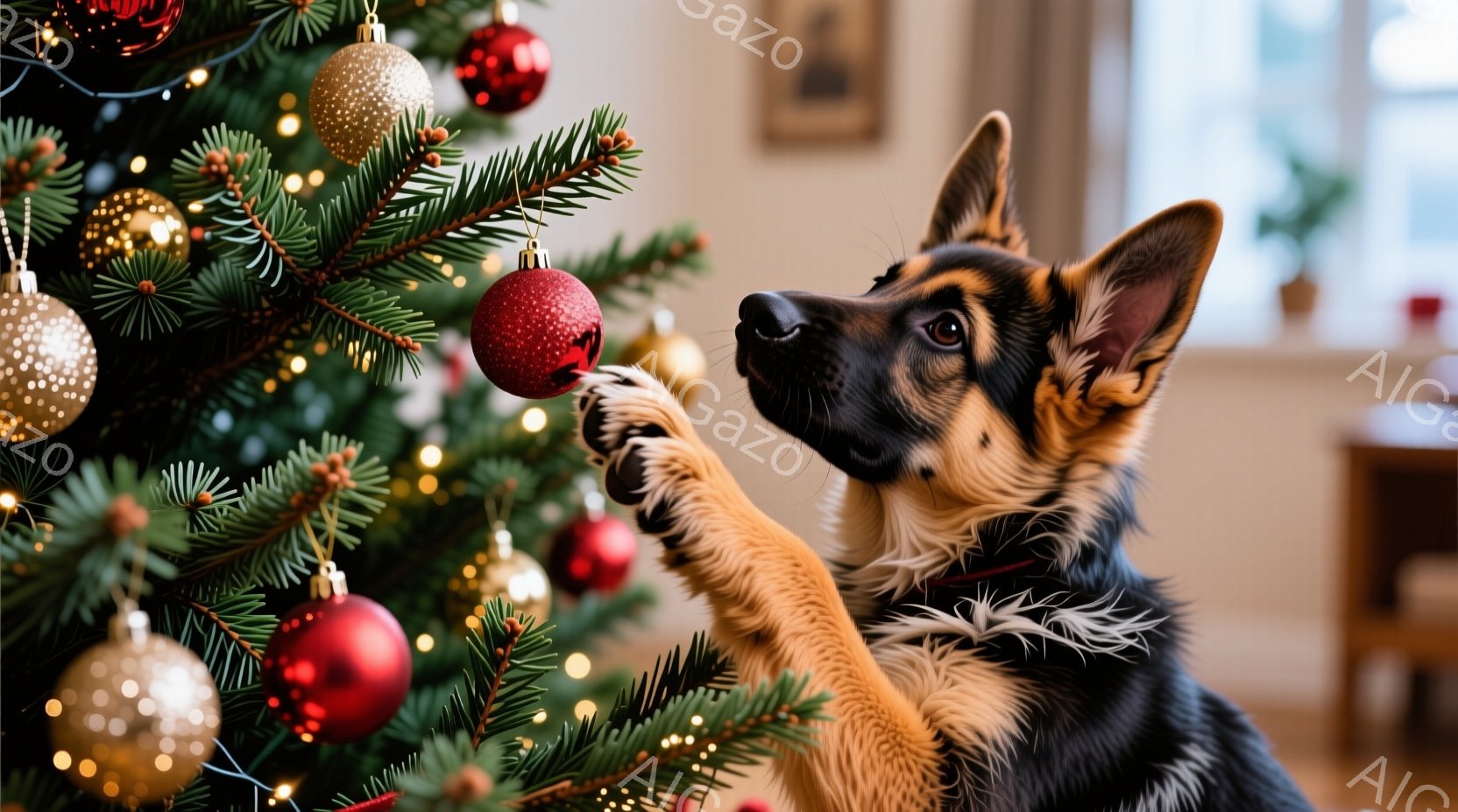 ドイツシェパードの子犬が、クリスマスツリーの赤いオーナメントを前足で軽く叩いています。子犬は好奇心に満ちた表情で上を見上げており、背景には緑豊かなクリスマスツリーと暖色の光が広がっています。全体的に、 - AI生成フリー素材