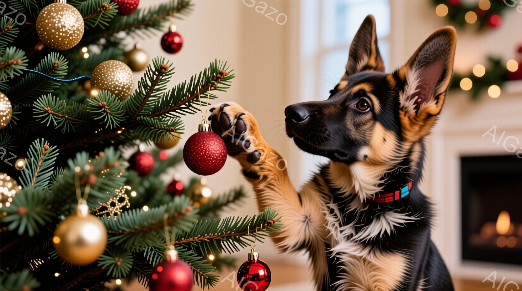 クリスマスツリーの枝にジャーマンシェパードの子犬が前足を伸ばし、赤いオーナメントを興味深そうに見つめている。子犬は首輪をつけており、少し上目遣いで、楽しそうな表情をしている。背景にはぼんやりと暖炉や他 - AI生成フリー素材