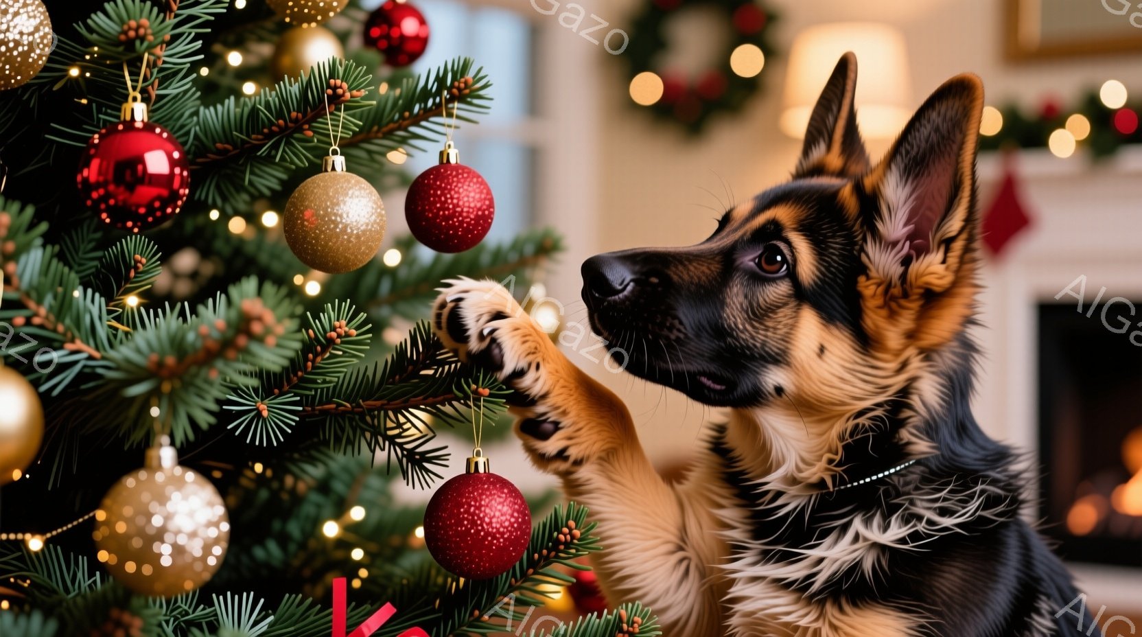 カーペットの上に置かれたプレゼントの箱を嗅ぐジャーマンシェパードの子犬が写っています。背景にはクリスマスツリーと赤い装飾がぼやけており、暖かくお祝いの雰囲気を感じさせます。子犬は興味津々とした表情で、 - AI生成フリー素材