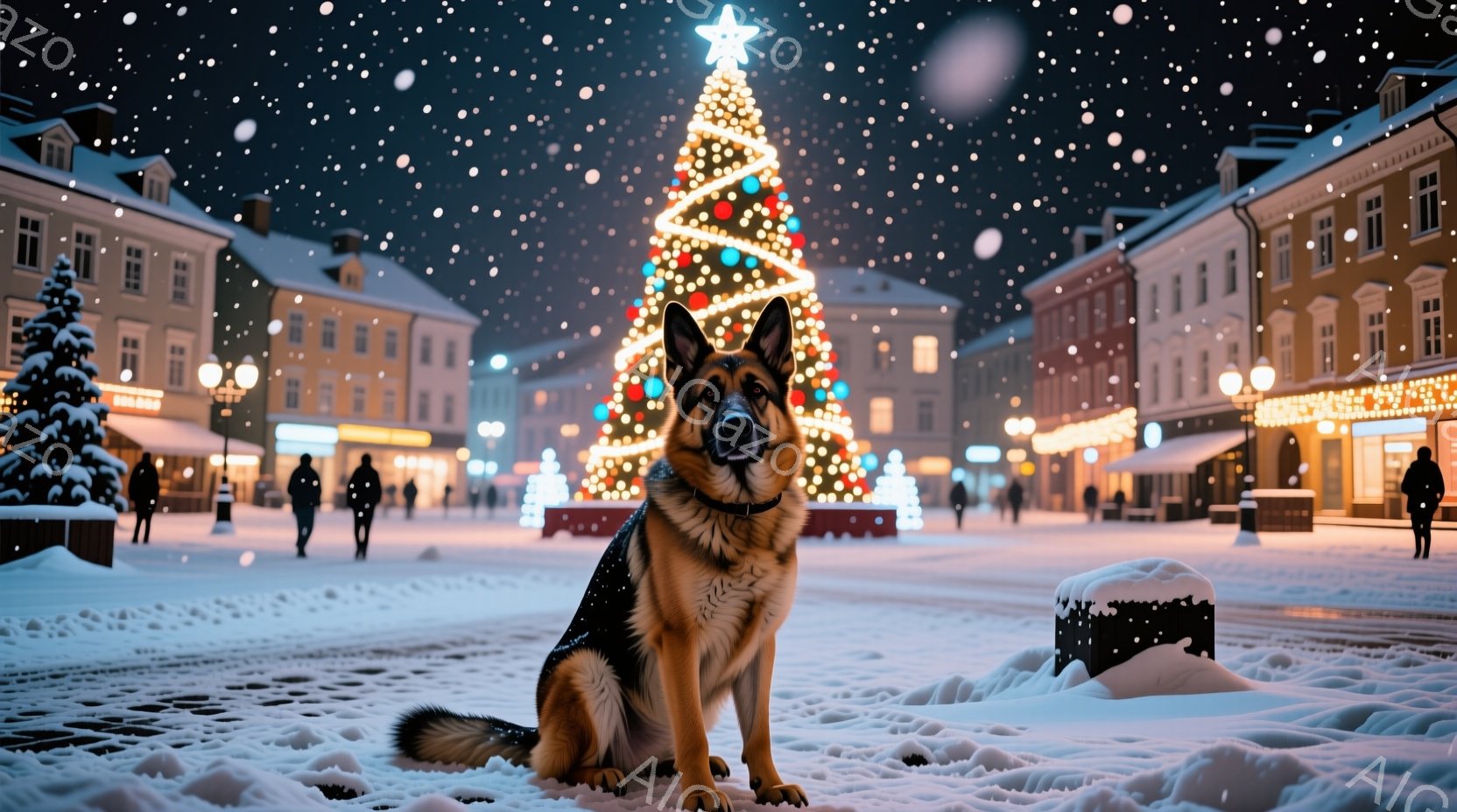 雪が舞う夜の街並みに、ジャーマンシェパードが座ってこちらを見つめている。背景には、ライトアップされたクリスマスツリーや建物が並び、冬の暖かく幻想的な雰囲気を醸し出している。犬は落ち着いた表情で、周囲の - AI生成フリー素材