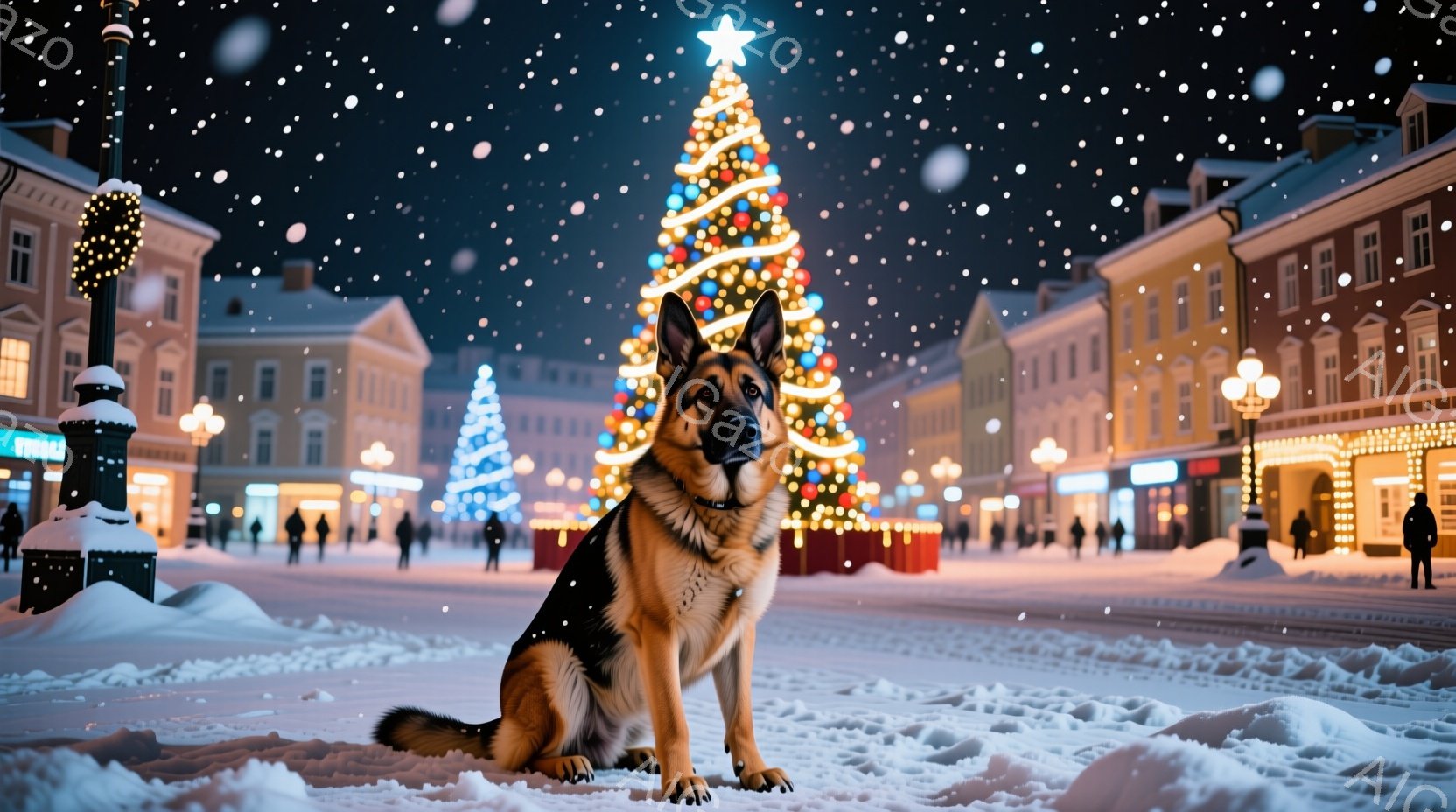 雪が降り積もる夜の街並みの中に、ジャーマンシェパードが座っています。背景にはクリスマスツリーが輝き、建物は暖かな光で彩られています。犬はまっすぐ前を見つめ、落ち着いた表情で冬の夜の静寂を表現しています - AI生成フリー素材
