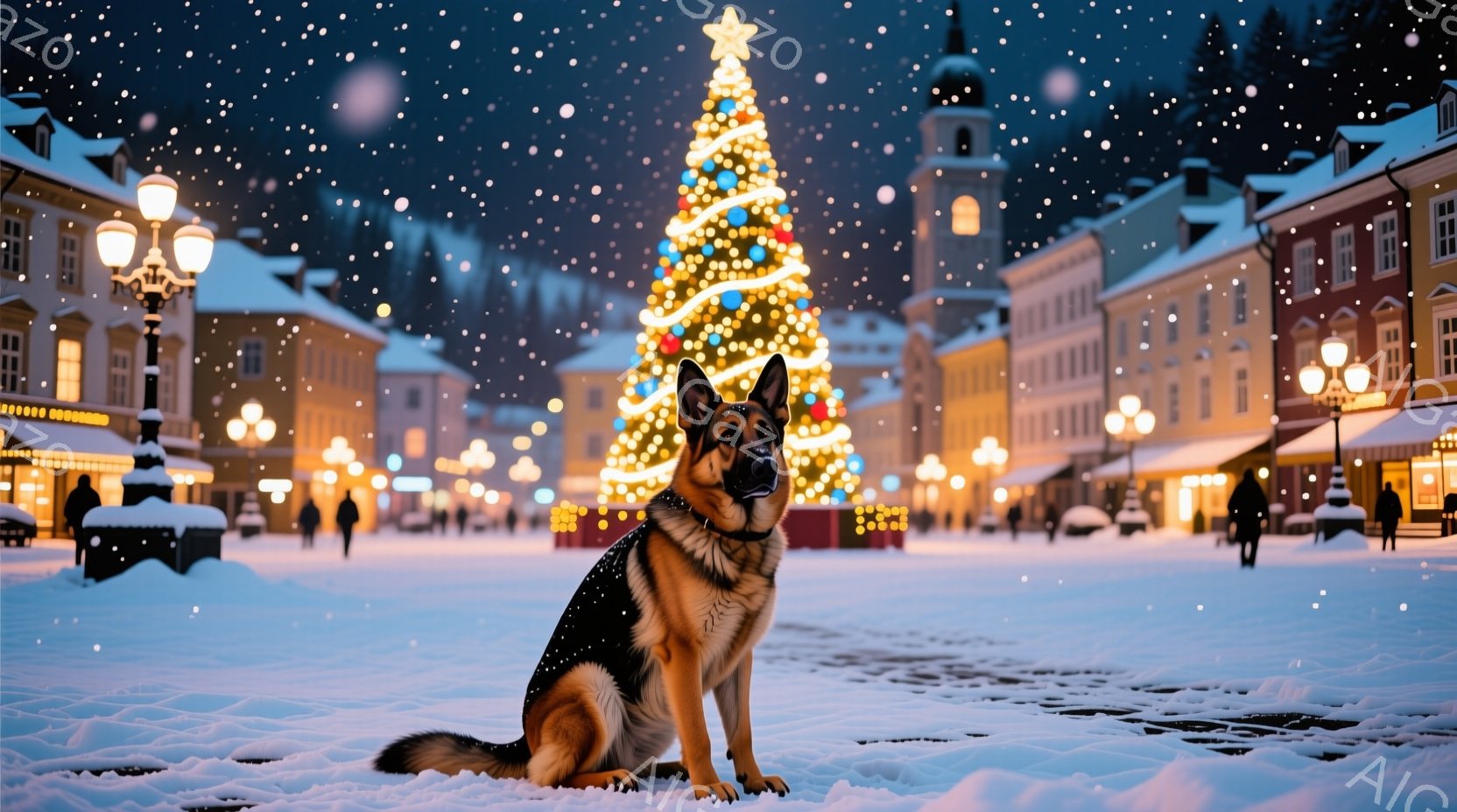 白い雪が降り積もる広場の中央に、ジャーマンシェパードが座っています。背景には、クリスマスツリーが輝き、周りを建物が囲んでいます。広場の建物は暖色の光で照らされ、雪景色と相まって幻想的な冬の雰囲気を醸し - AI生成フリー素材